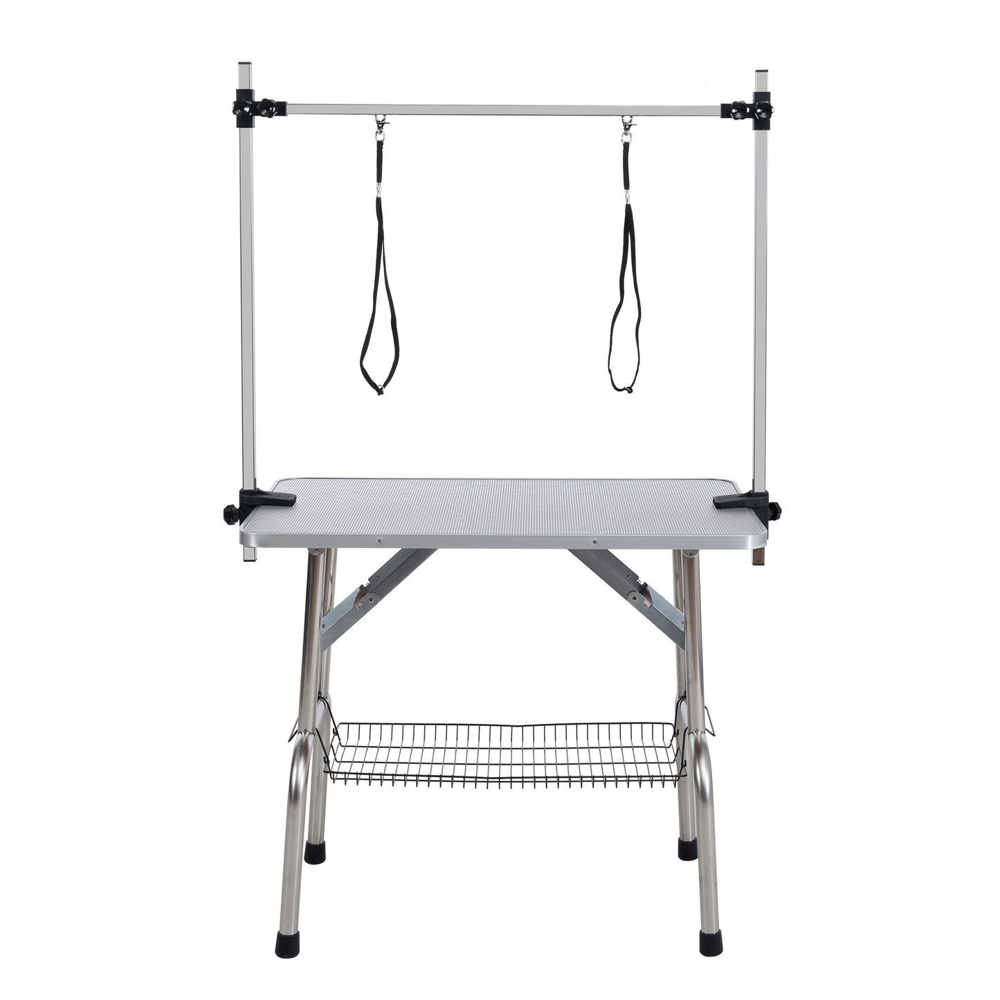 46" Folding Dog Pet Grooming Table Stainless Steel Frame Rubber Mat on Board with Adjustable Arm and Clamps pet dog Cat Grooming Table (SILVER-GRAY COLOR)