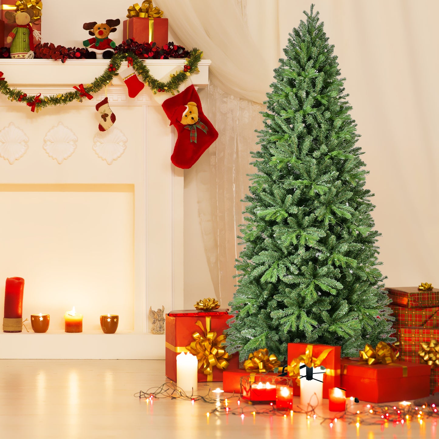 8FT Pre-Lit Slim Christmas Tree, Green, Fir Xmas 'Feel Real' Artificial Tree, White Lights, Metal Hinged, Foldable Base