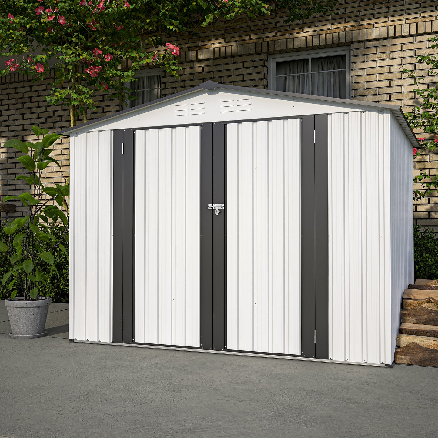 8 x 6 ft Outdoor Storage Shed, All Weather Metal Sheds with  2 Lockable Doors, Tool Shed for Garden, Backyard, Lawn,White