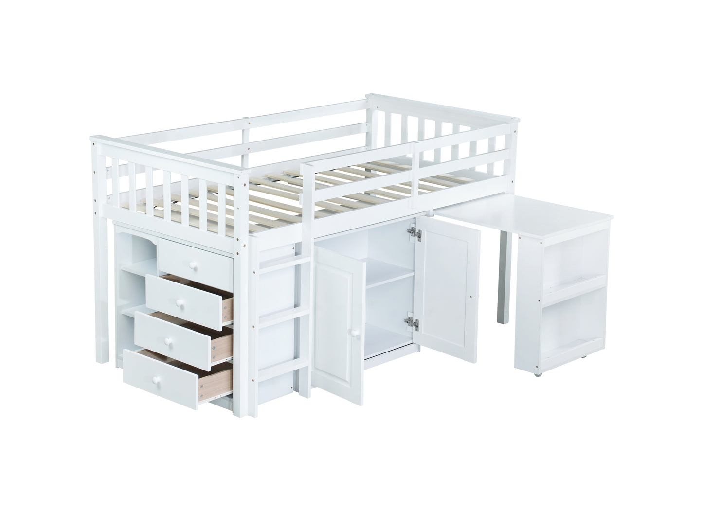 Twin Loft Bed with Storage Cabinet, Drawer and Shelf Cabinet and Pulling-Out Desk, Rubber Wood Loft Bed with Safety Guardrail, Ladder,White