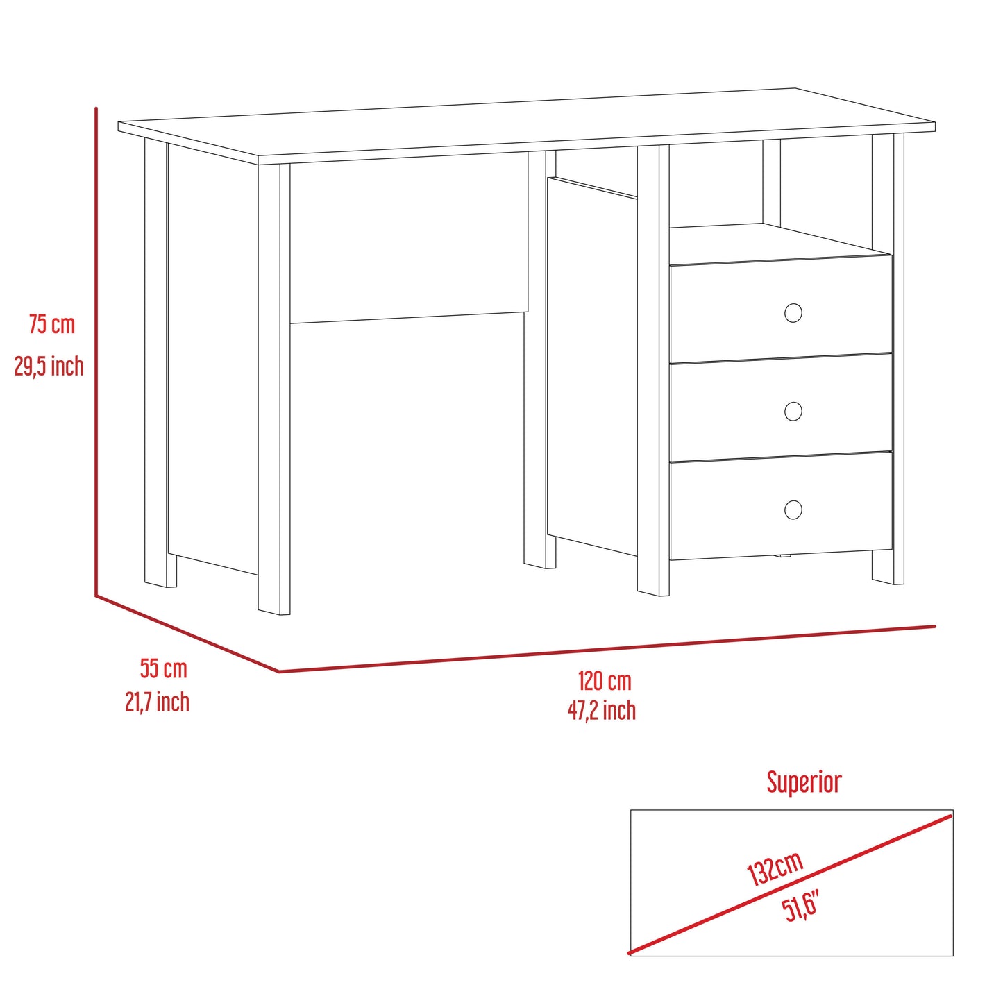 Bianco Writing Computer Desk, Three Drawers, One Shelf