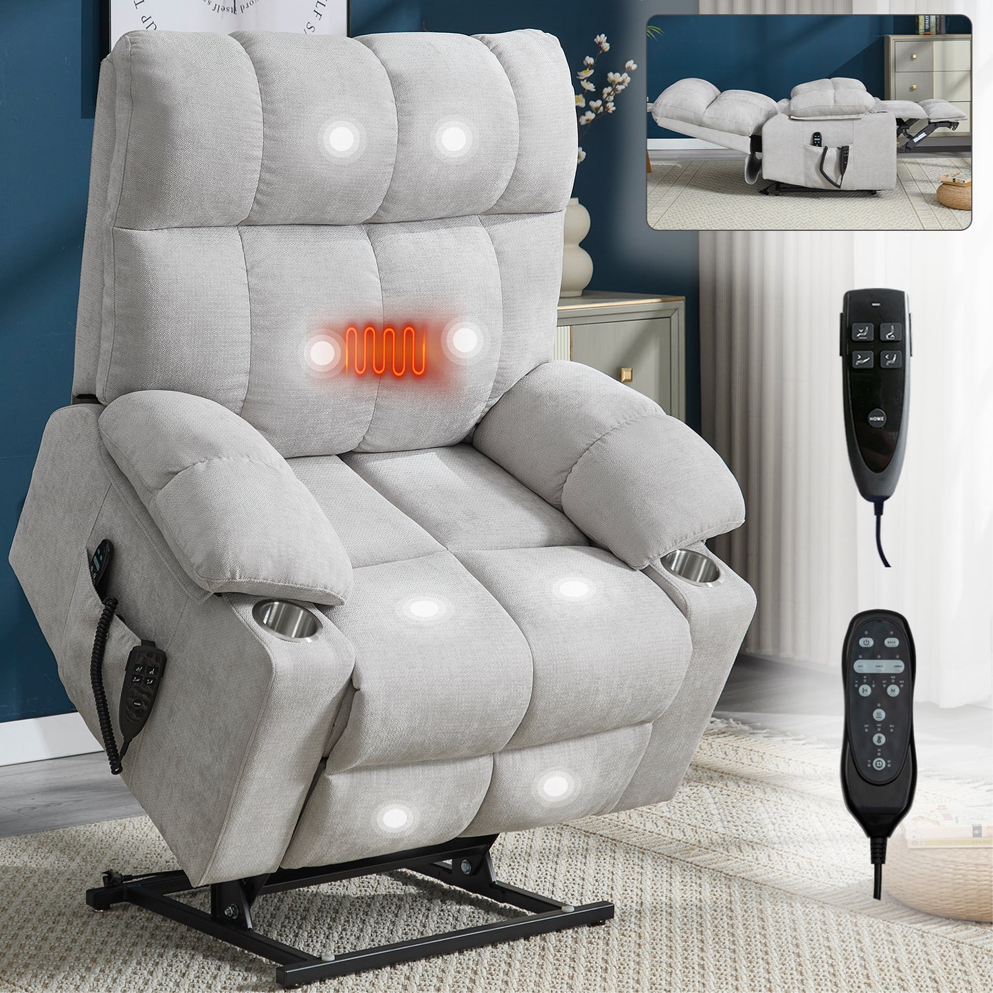 Beige Dual Motor Infinite Position Up to 350 LBS Chenille Power Lift Recliner Chair, Heavy Duty Motion Mechanism with 8-Point Vibration Massage and Lumbar Heating, Dual Cup Holders