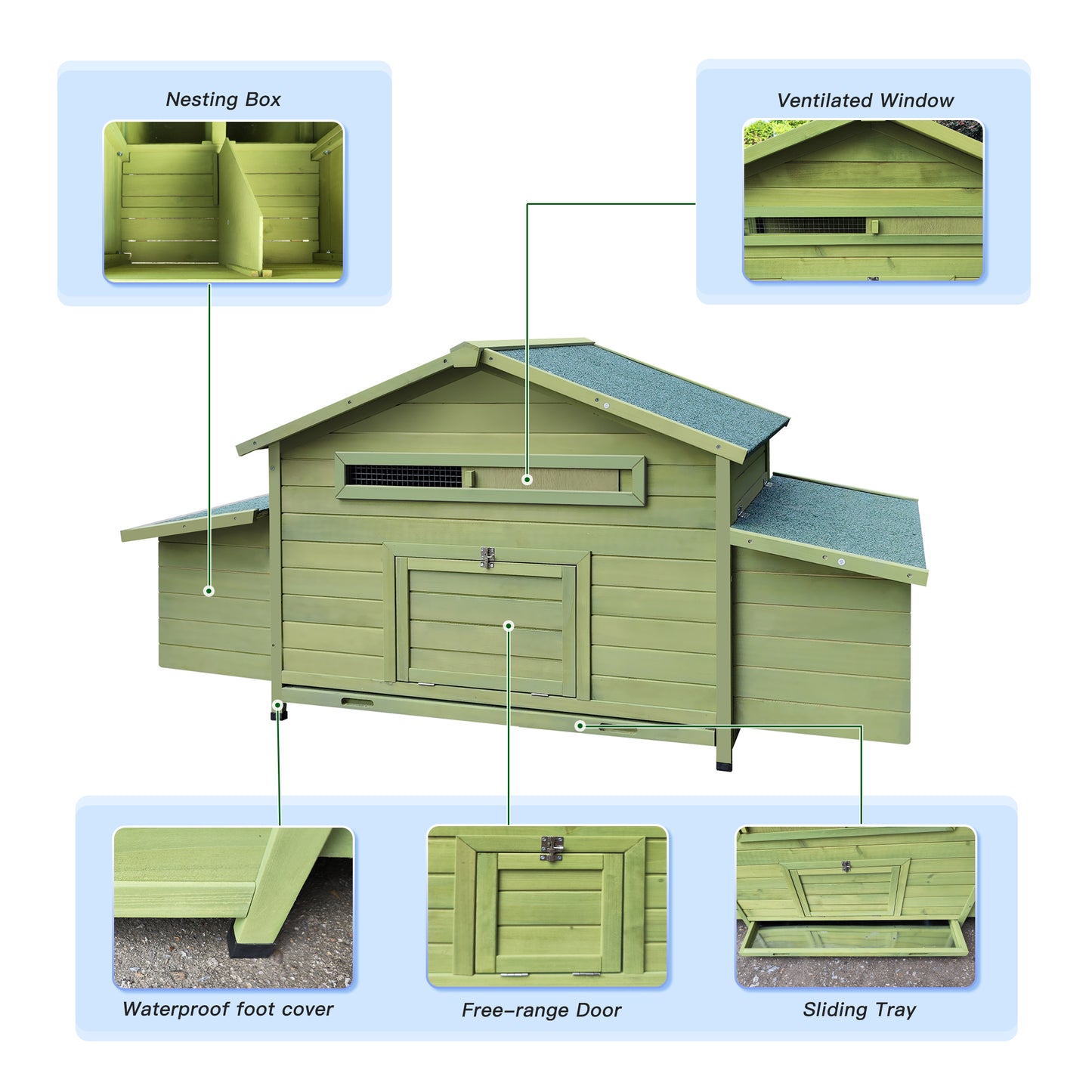 11.12 ft²  Large Wooden Chicken Coop Outdoor Hen House Poultry Cage with 2 Free-range Doors ,2 Nesting Boxes,chicken perch inside