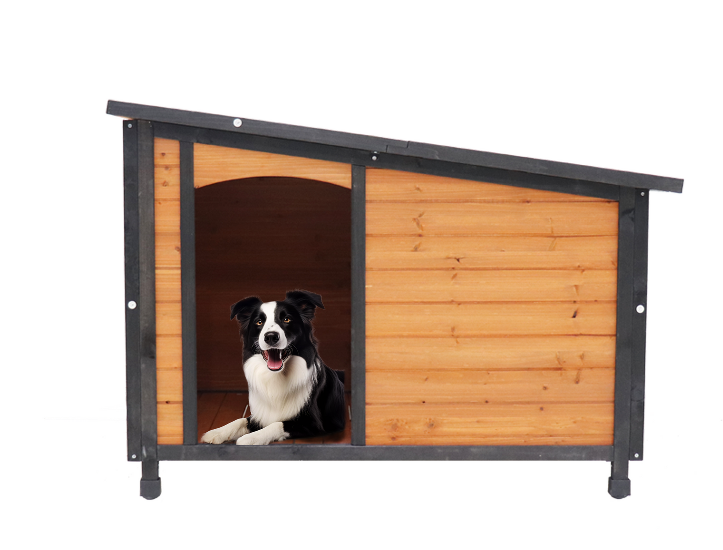 46"Dog House Outdoor & Indoor  Wooden Dog Kennel for Winter with Raised Feet Weatherproof for Large Dogs(Gold red and black)PVC waterproof roof(L)