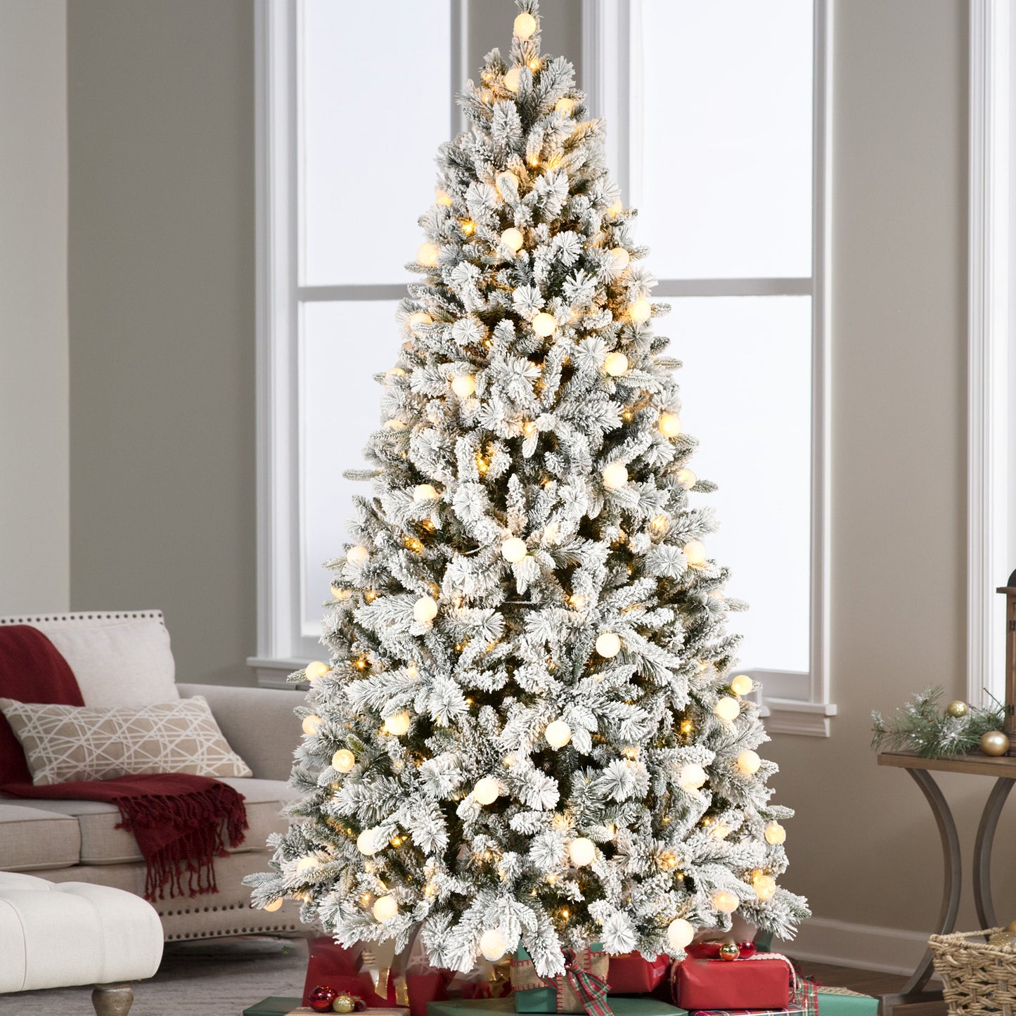 7.5FT PE+PVC  Floceked Christmas Tree with Easy Power & Memory Wire Technology, 400 Dual-Color LEDs With 10 Function, G45 Bulbs, and 1523 Tips , Innovative Holiday Experience!