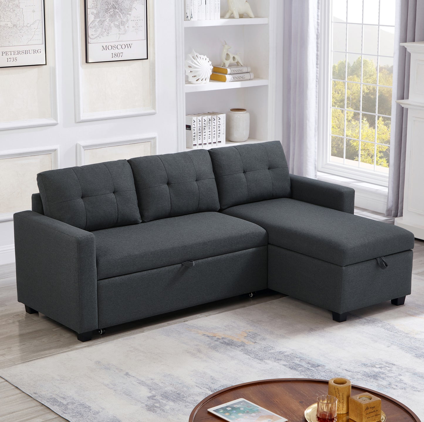 [SantaChoice] Upholstered Pull Out Sectional Sofa with Storage Chaise, Convertible Corner Couch, Dark Grey