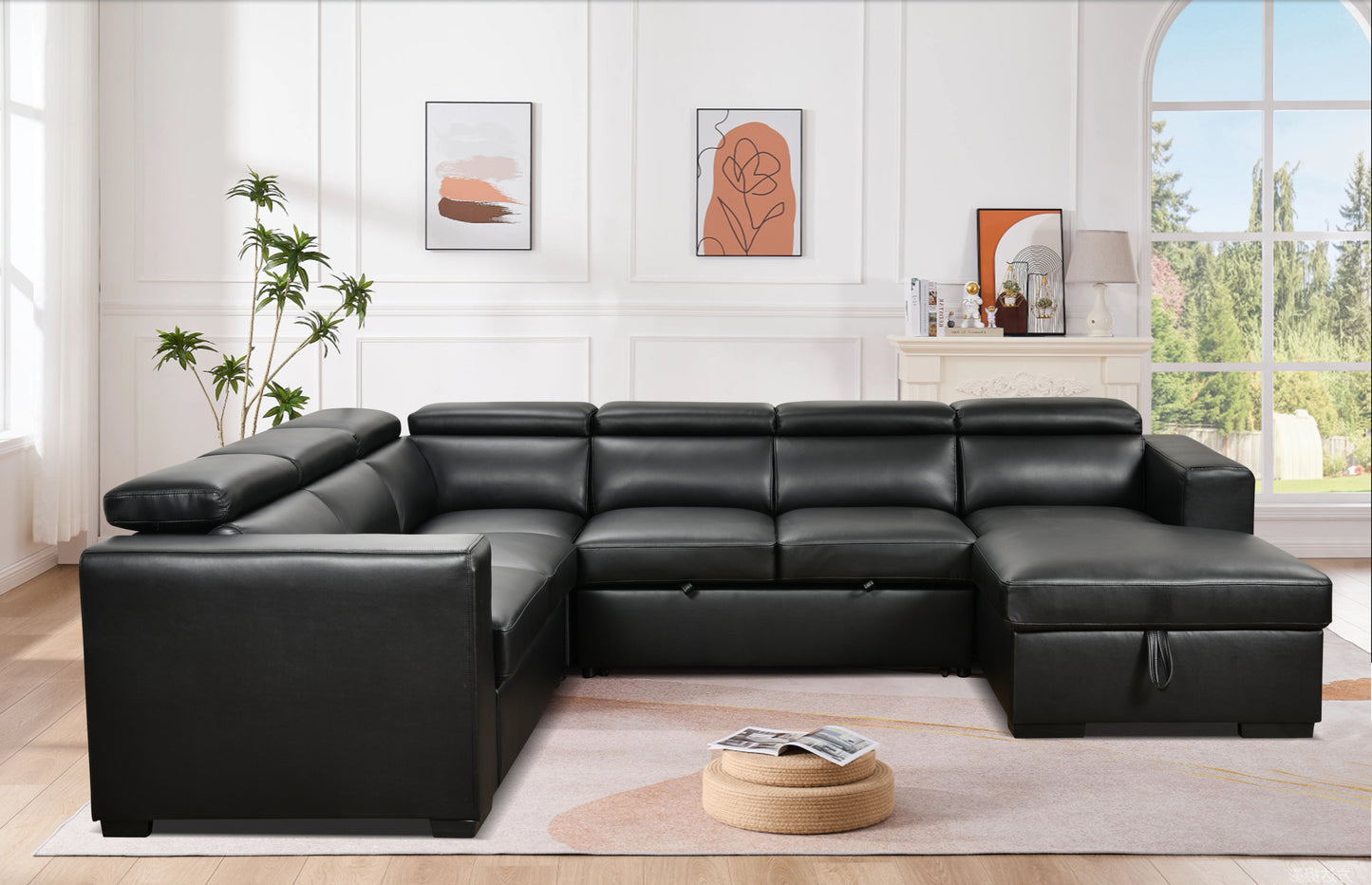 [SantaChoice] 123" Modern U Shaped 7-seat Sectional Sofa Couch with Adjustable Headrest, Sofa Bed with Storage Chaise-Pull Out Couch Bed for Living Room ,Black