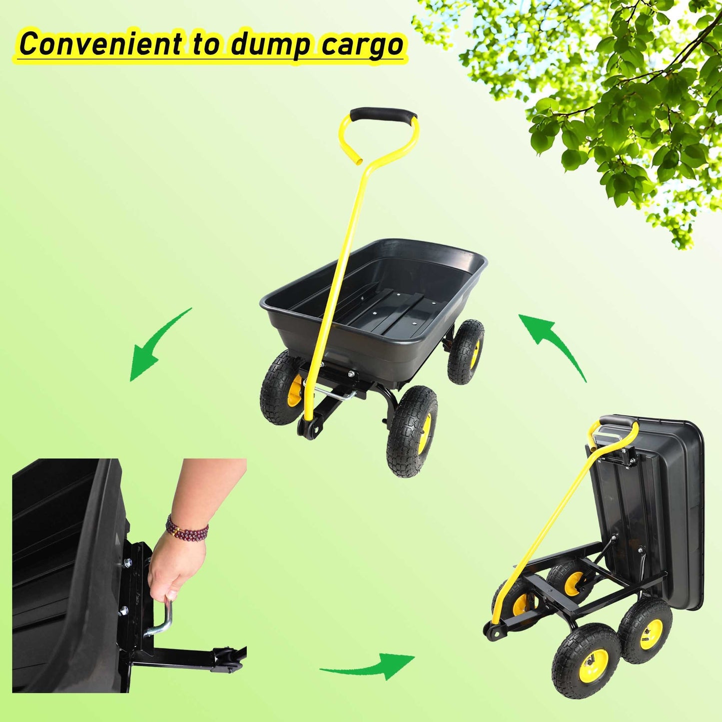 Folding car Poly Garden dump truck with steel frame, 10 inches. Pneumatic tire, 300 lb capacity body 55L black