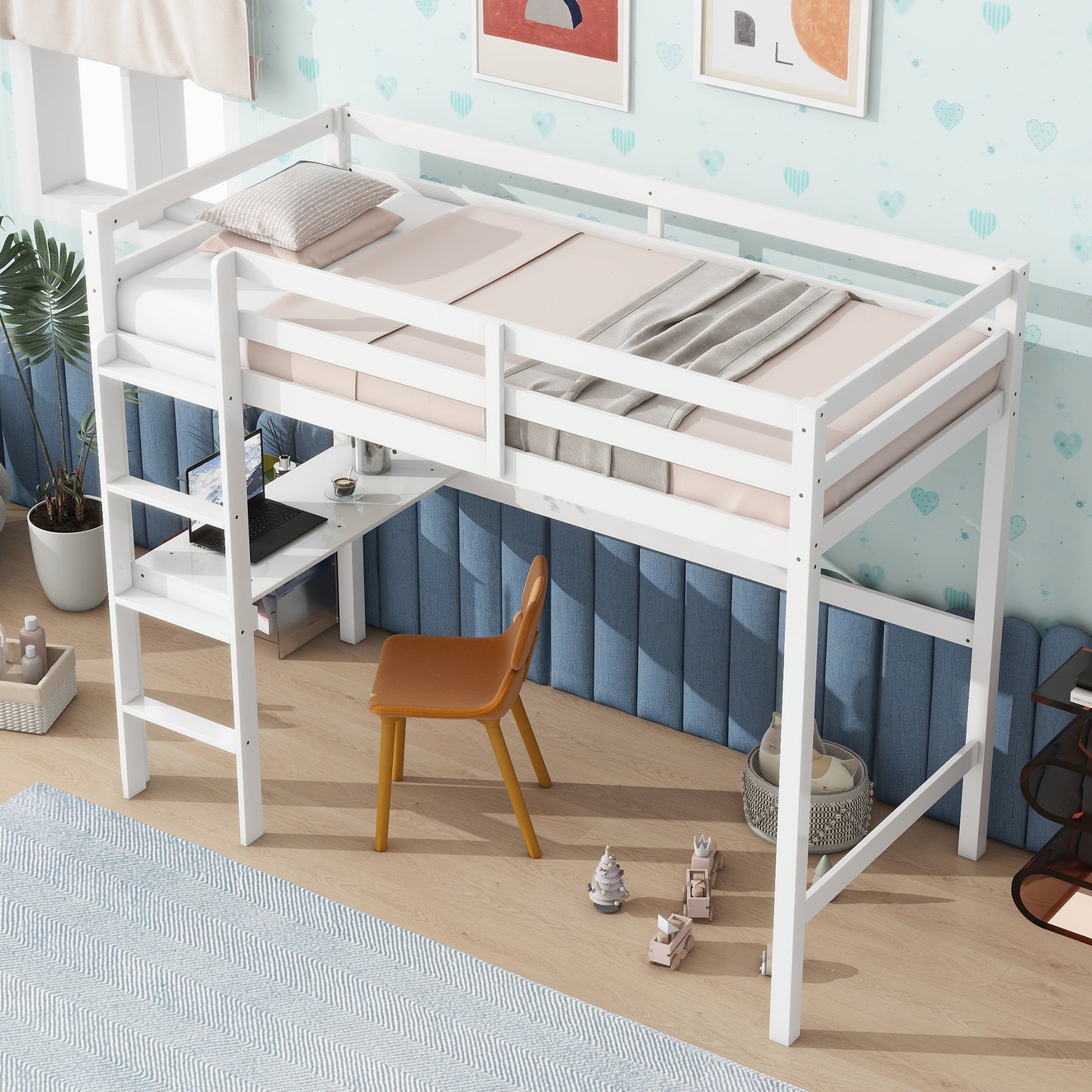 Twin High Loft Bed, Rubber Wood  Loft Bed with Safety Guardrail, built-in desk, ladder,White