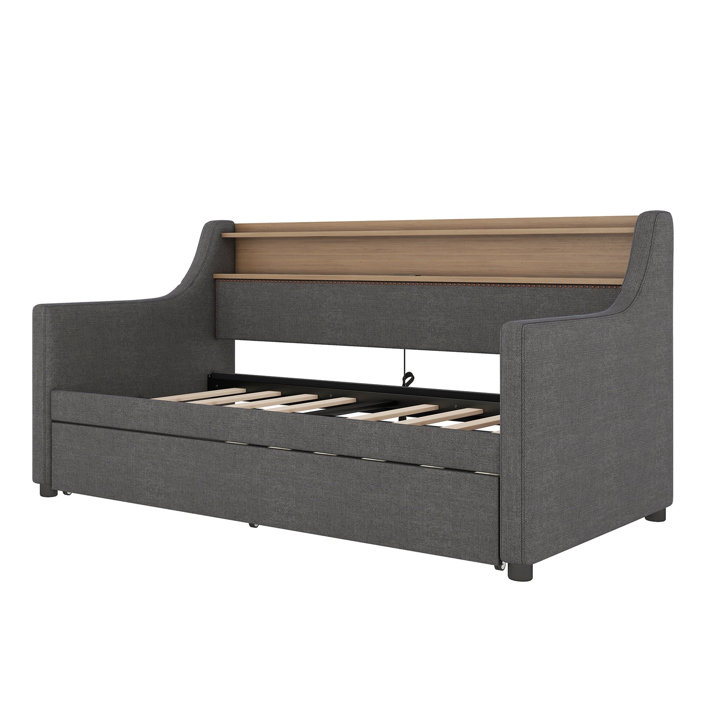 Twin Size Daybed with Trundle Bed, Upholstered Daybed with Charging Station and LED Lights, Gray