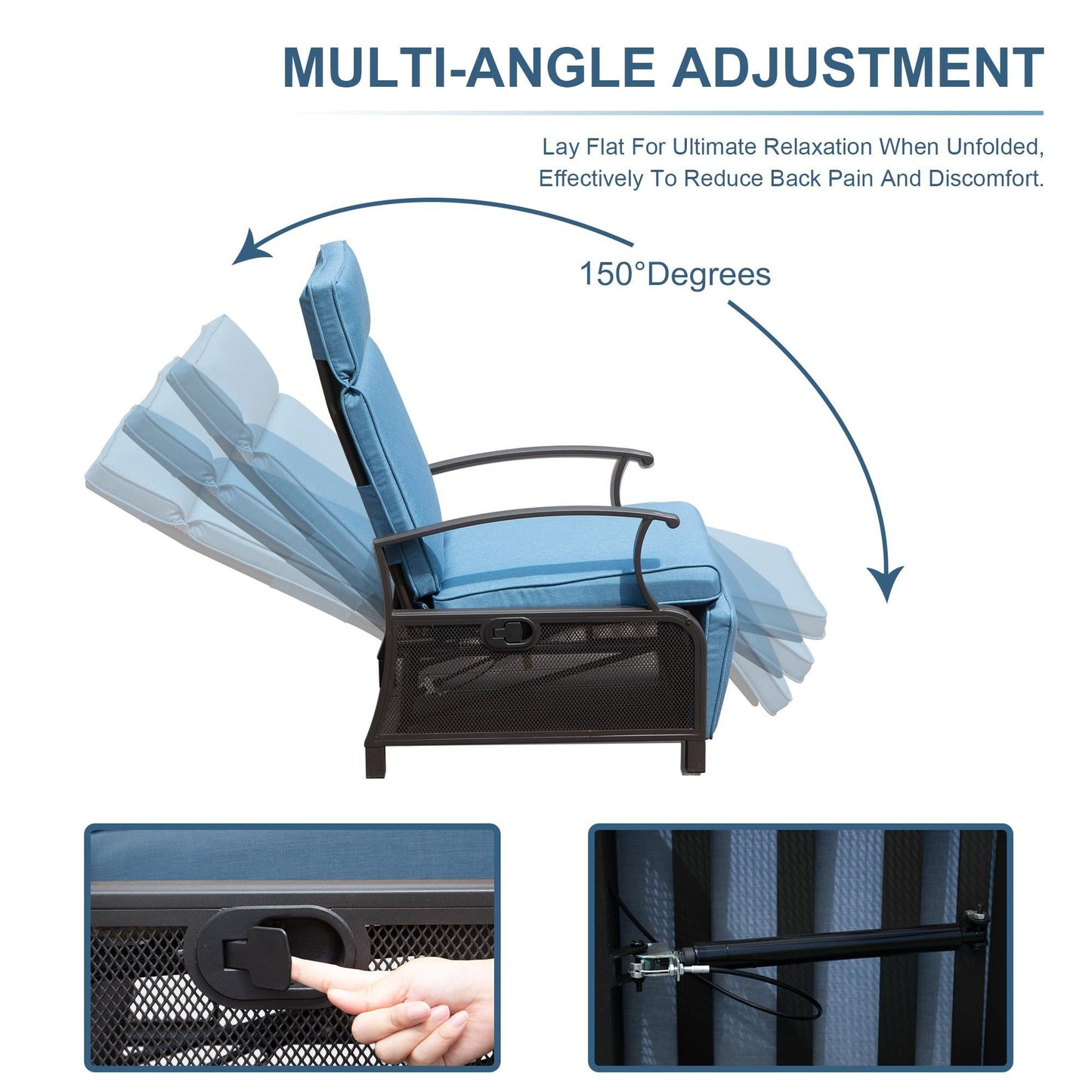 Adjustable Patio Recliner Chair Metal Outdoor Lounge Chair with Flip Table Push Back, Adjustable Angle, 6.8'' Removable Cushions, Support 350lbs, Navy Blue