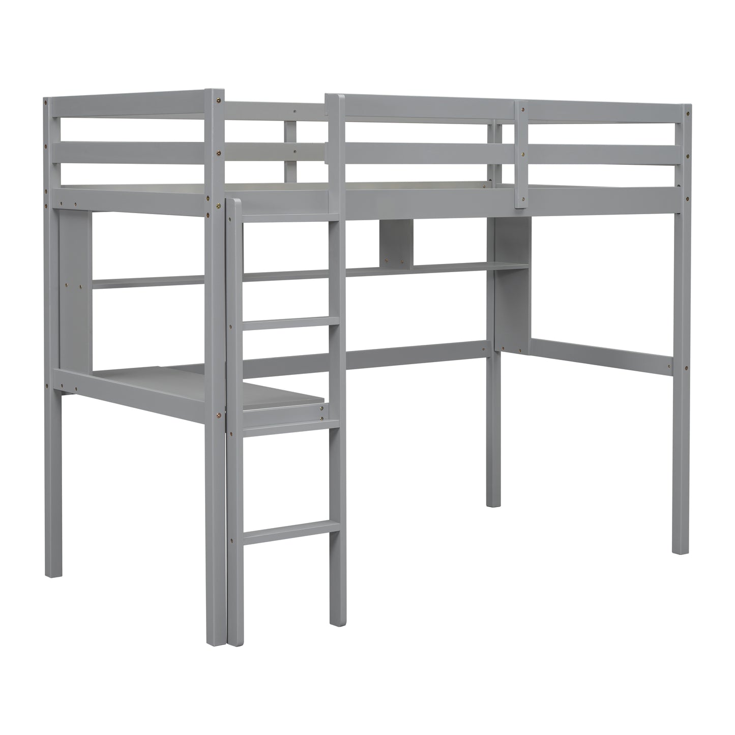 Twin Size Loft Bed with desk and shelves, Safety Guardrail and ladder,Grey