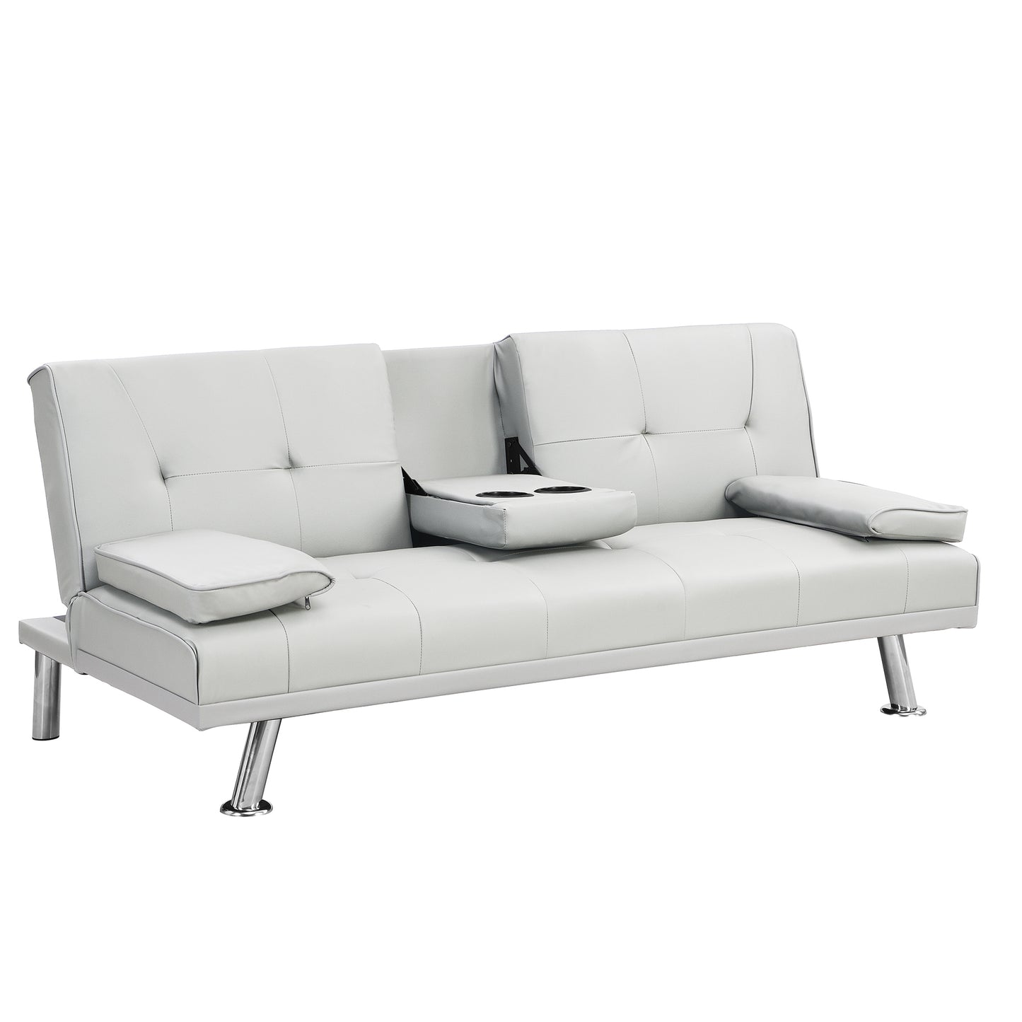 Sofa Bed with Armrest two holders WOOD FRAME, STAINLESS LEG, FUTON WHITE PVC