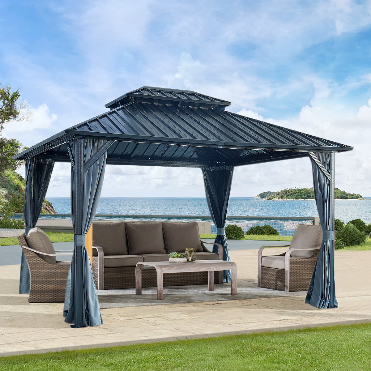 12x12ft Gazebo Double Roof Canopy with Netting and Curtains, Outdoor Gazebo 2-Tier Hardtop Galvanized Iron Aluminum Frame Garden Tent for Patio, Backyard, Deck and Lawns