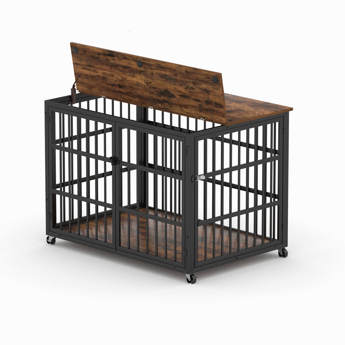 Furniture style dog crate wrought iron frame door with side openings, Rustic Brown, 43.3''W x 29.9''D x 33.5''H.