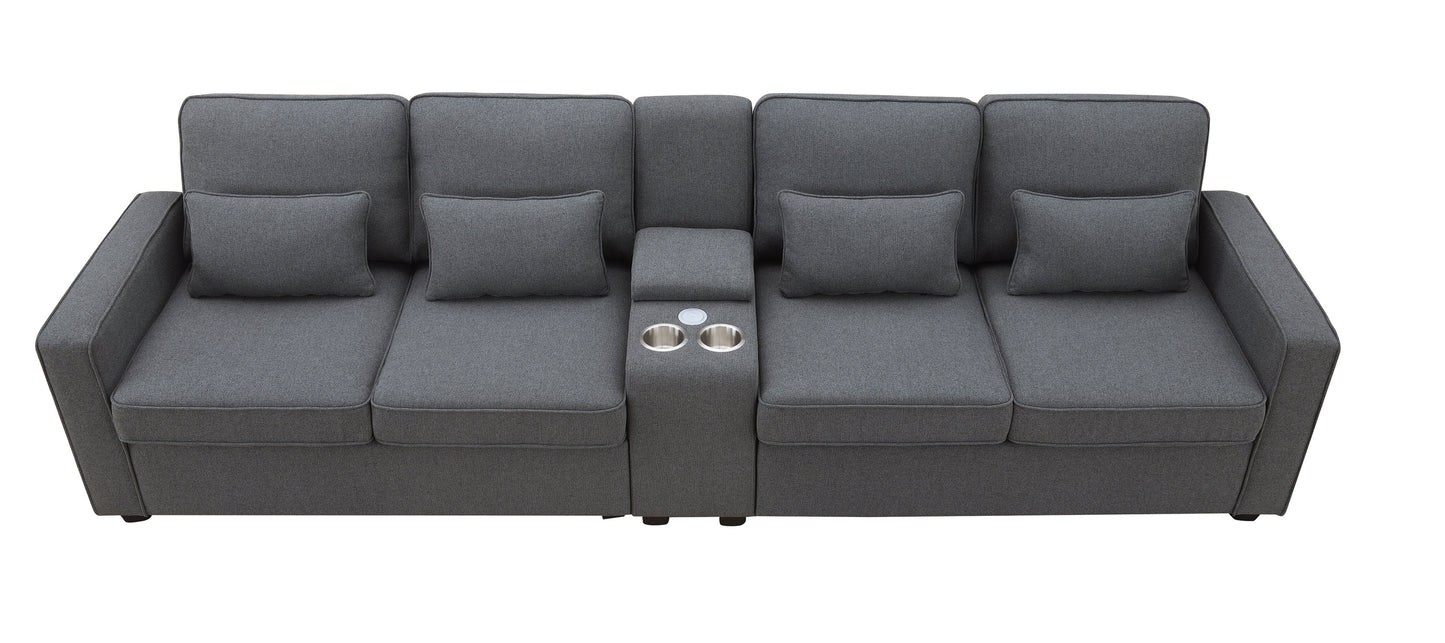 [SantaChoice] 114.2" Upholstered Sofa with Console, 2 Cupholders and 2 USB Ports Wired or Wirelessly Charged, Modern Linen Fabric Couches with 4 Pillows for Living Room, Apartment (4-Seat)