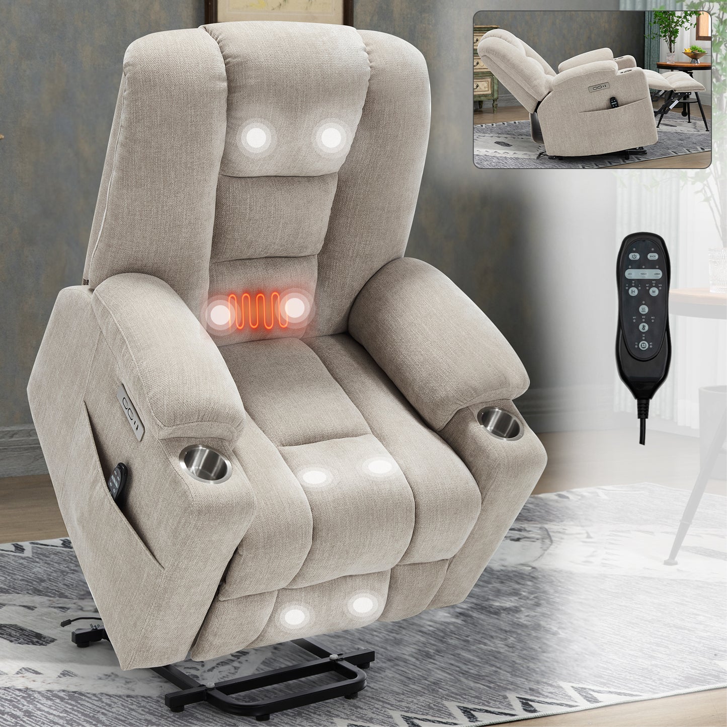 Power Lift Recliner Chair with Massage and Heat for Elderly, Overstuffed Wide Recliners, Heavy Duty Motion Mechanism with USB and Type C Ports, 2 Steel Cup Holders, Beige