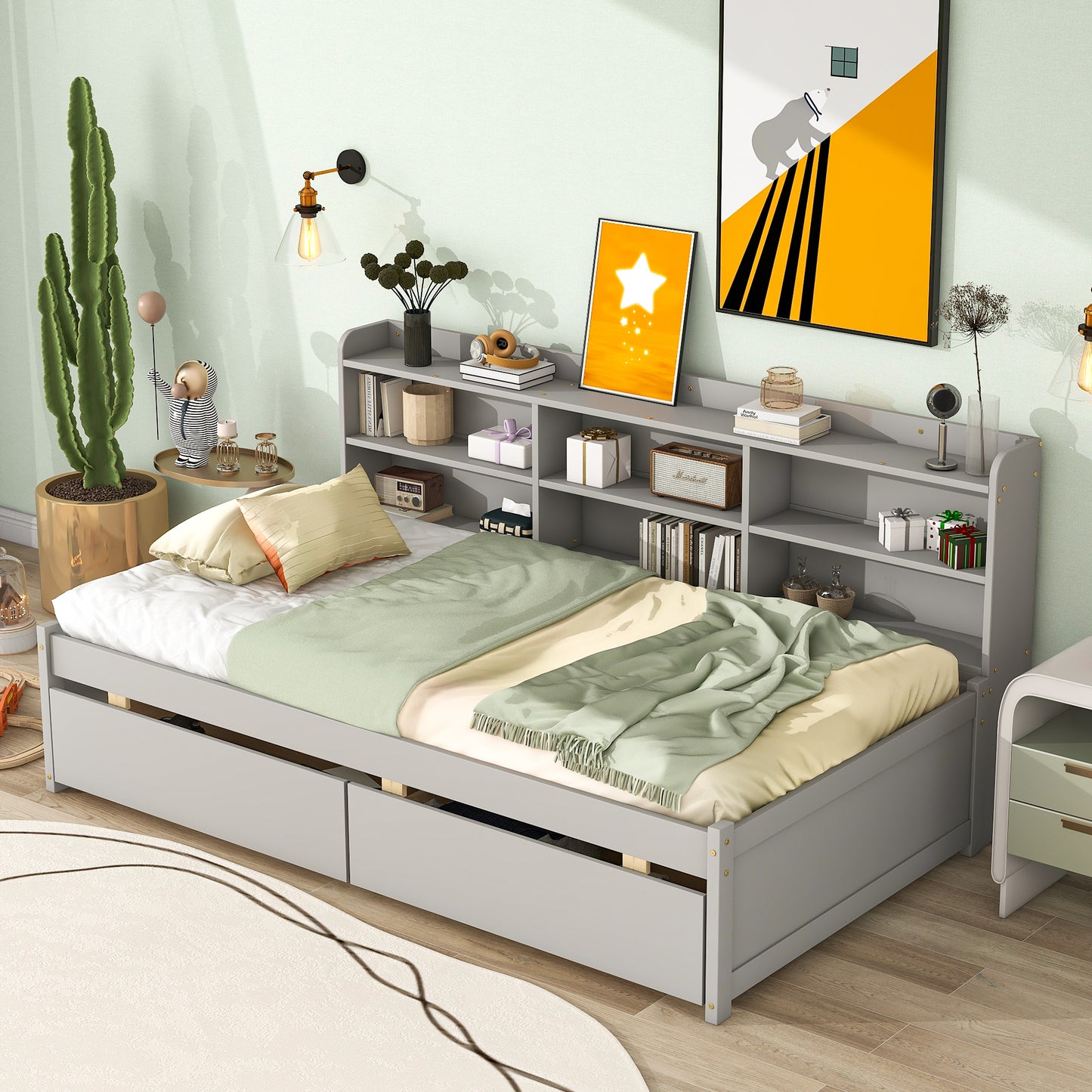 Twin Bed with Side Bookcase, Drawers ,Grey