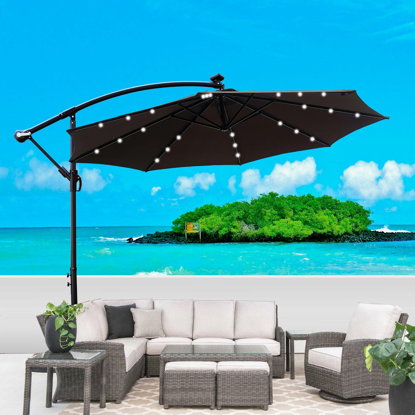 10 ft Outdoor Patio Umbrella Solar Powered LED Lighted Sun Shade Market Waterproof 8 Ribs Umbrella with Crank and Cross Base for Garden Deck Backyard Pool Shade Outside Deck Swimming Pool