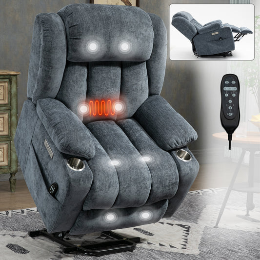 Up to 350 LBS Chenille Power Lift Recliner Chair, Heavy Duty Motion Mechanism with 8-Point Vibration Massage and Lumbar Heating, USB and Type-C Ports, Stainless Steel Cup Holders, Blue