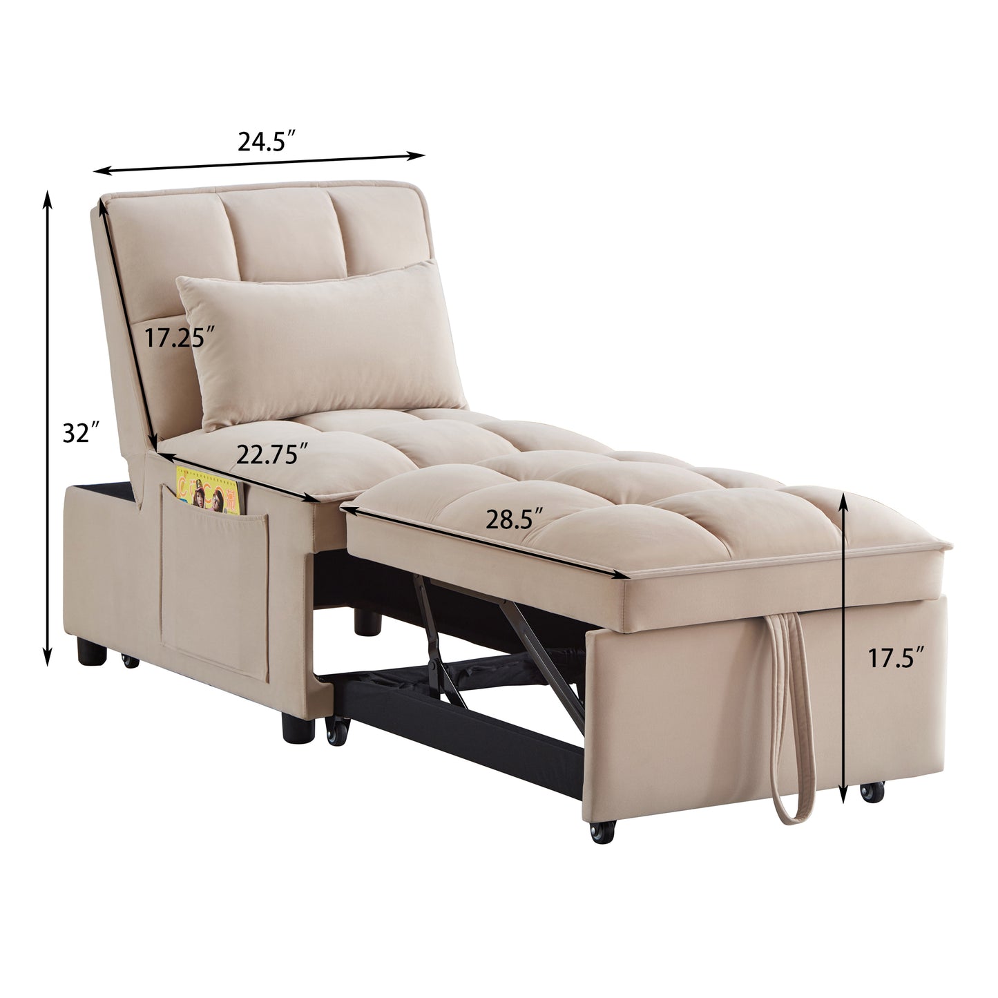 4 in1 Multi-Function Single Sofa Bed with Storage Pockets,Tufted Single Pull-out Sofa Bed with Adjustable Backrest and Pillows ,Convertible  Chaise Lounge,Taupe