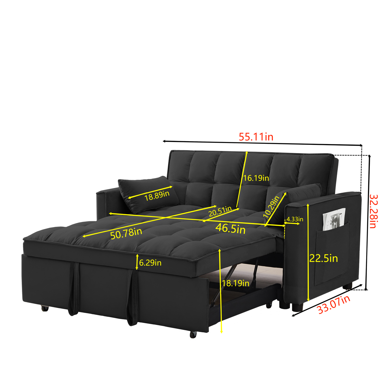 [SantaChoice] Modern Velvet Loveseat Futon Sofa Couch w/Pullout Bed,Small Love Seat Lounge Sofa w/Reclining Backrest,Toss Pillows, Pockets,Furniture for Living Room,3 in 1 Convertible Sleeper Sofa Bed, Black