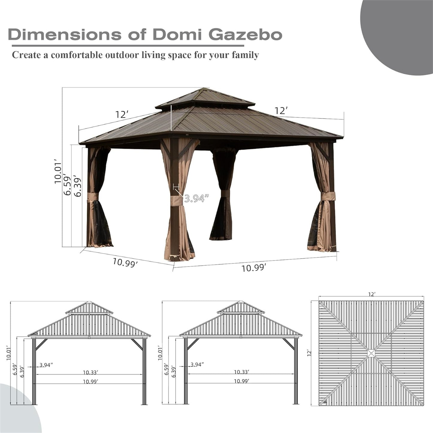 [SantaChoice] 12' X 12' Hardtop Gazebo, Aluminum Metal Gazebo with Galvanized Steel Double Roof Canopy, Curtain and Netting, Permanent Gazebo Pavilion for Party, Wedding, Outdoor Dining, Brown