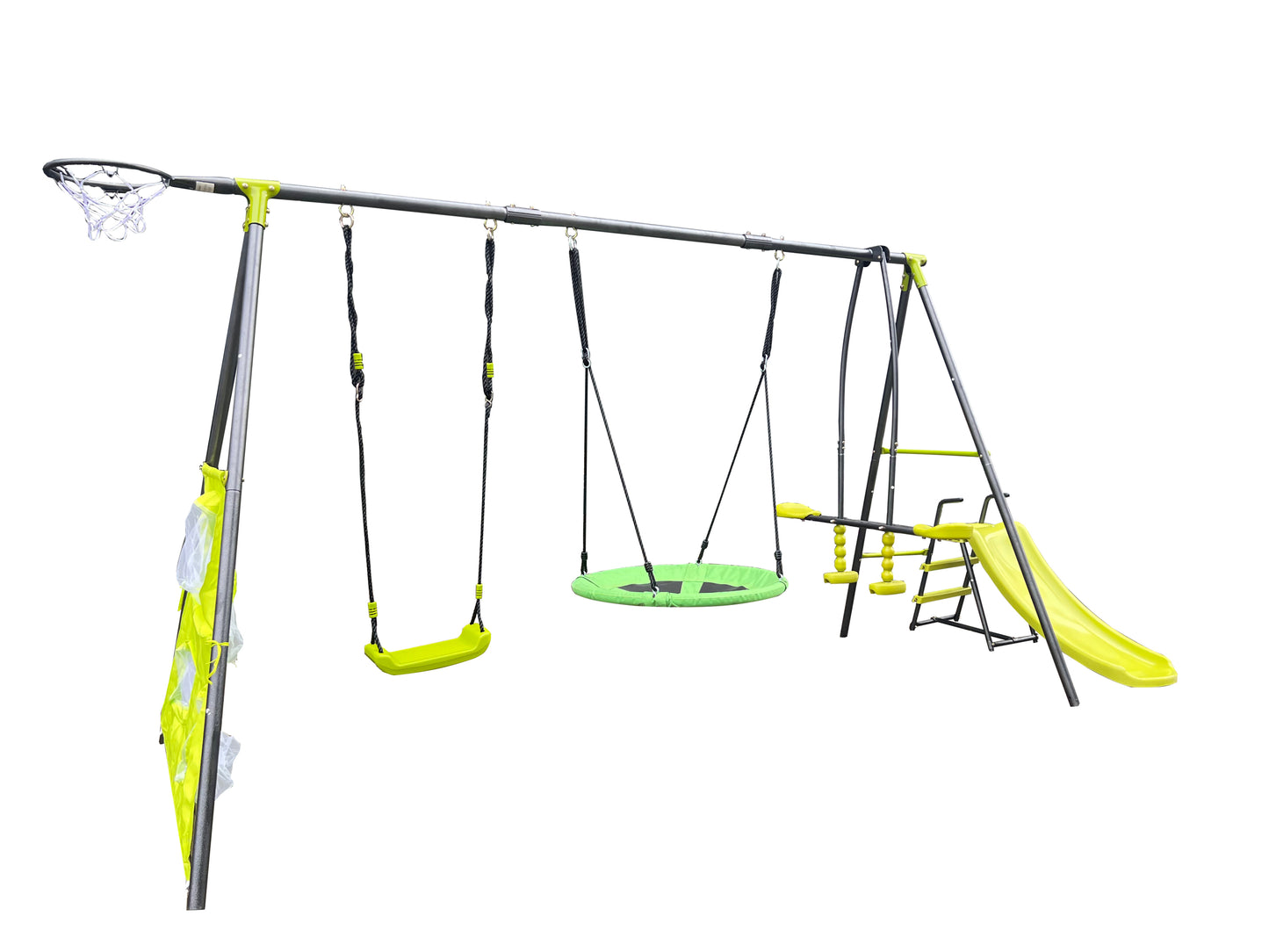 XNS052 green and blue interesting six function swingset with net swing metal plastic safe swing set 440lbs for outdoor playground for age 3+ with 31.5in net swing