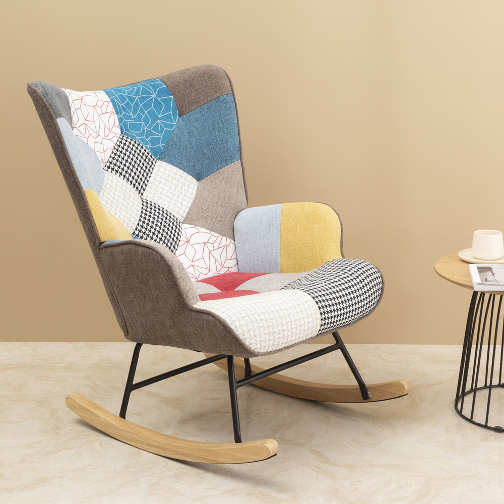 Rocking Chair, Mid Century Fabric Rocker Chair with Wood Legs and Patchwork Linen for Livingroom Bedroom