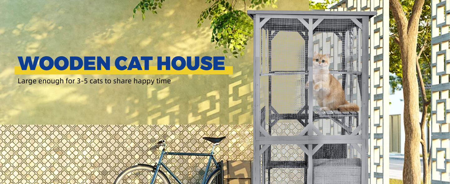 Catio Outdoor Cat Enclosure with Roof 72" Height Cat Wooden House Large Cat Cage with 3 Jumping Platforms and 2 Napping Houses for Cat Activity (Grey)