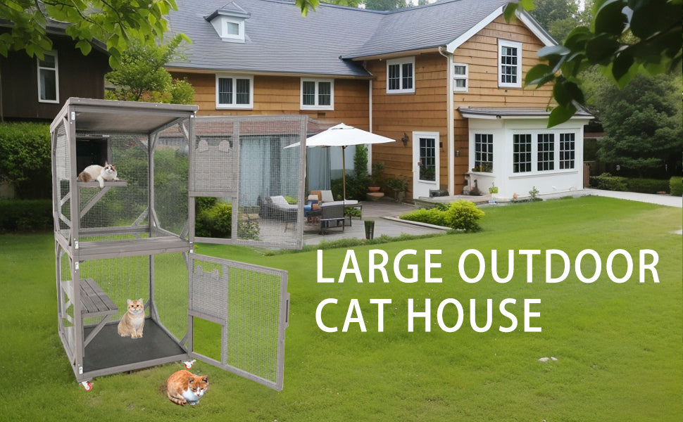 Catio Large Wooden Cat House Outdoor Indoor Cat Enclosures On Wheels, Wooden Kitty House Shelter Outside with Resting Box, Waterproof Roof (Grey, 31.5" D x 36.6" W x 71" H)