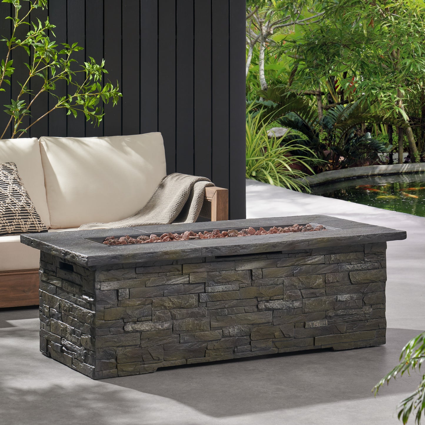 56" Outdoor 40,000 BTU Rectangular MgO Concrete Propane Fire Pit, Stone Pattern (Tank Cover not Included)