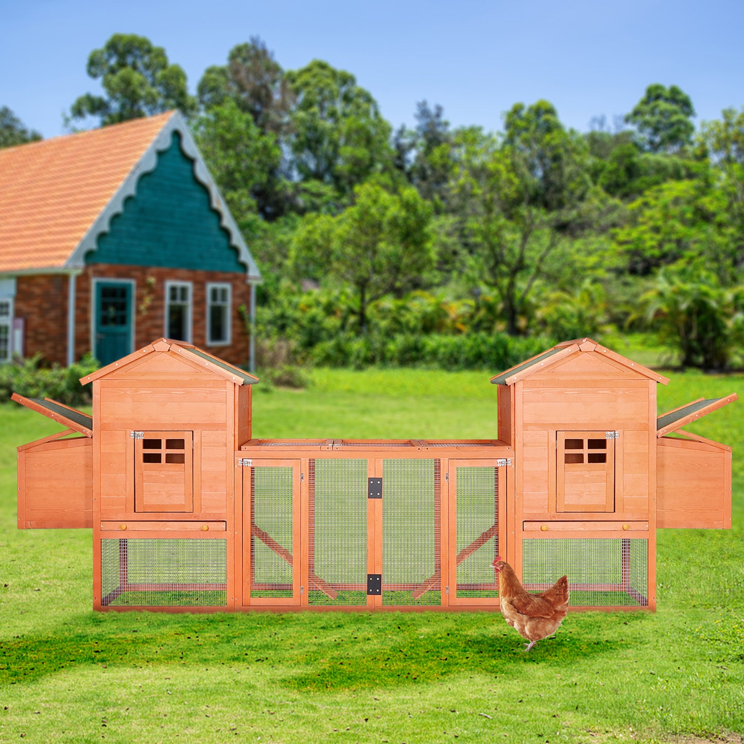 Outdoor Wooden Chicken Coop, 124" Large Hen Cage Rabbit House, Bunny Hutch with Ventilation Door, Removable Ramp Garden Backyard Pet House Chicken Nesting Box