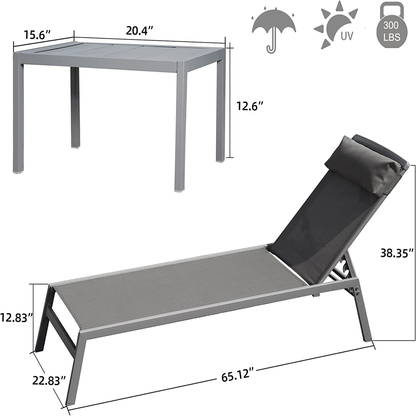 Patio Chaise Lounge Set, 3 Pieces Aluminum Adjustable Pool Lounge Chairs Textilene Sunbathing Recliner with Headrest (Grey,2 Lounge Chairs
+1 Table)