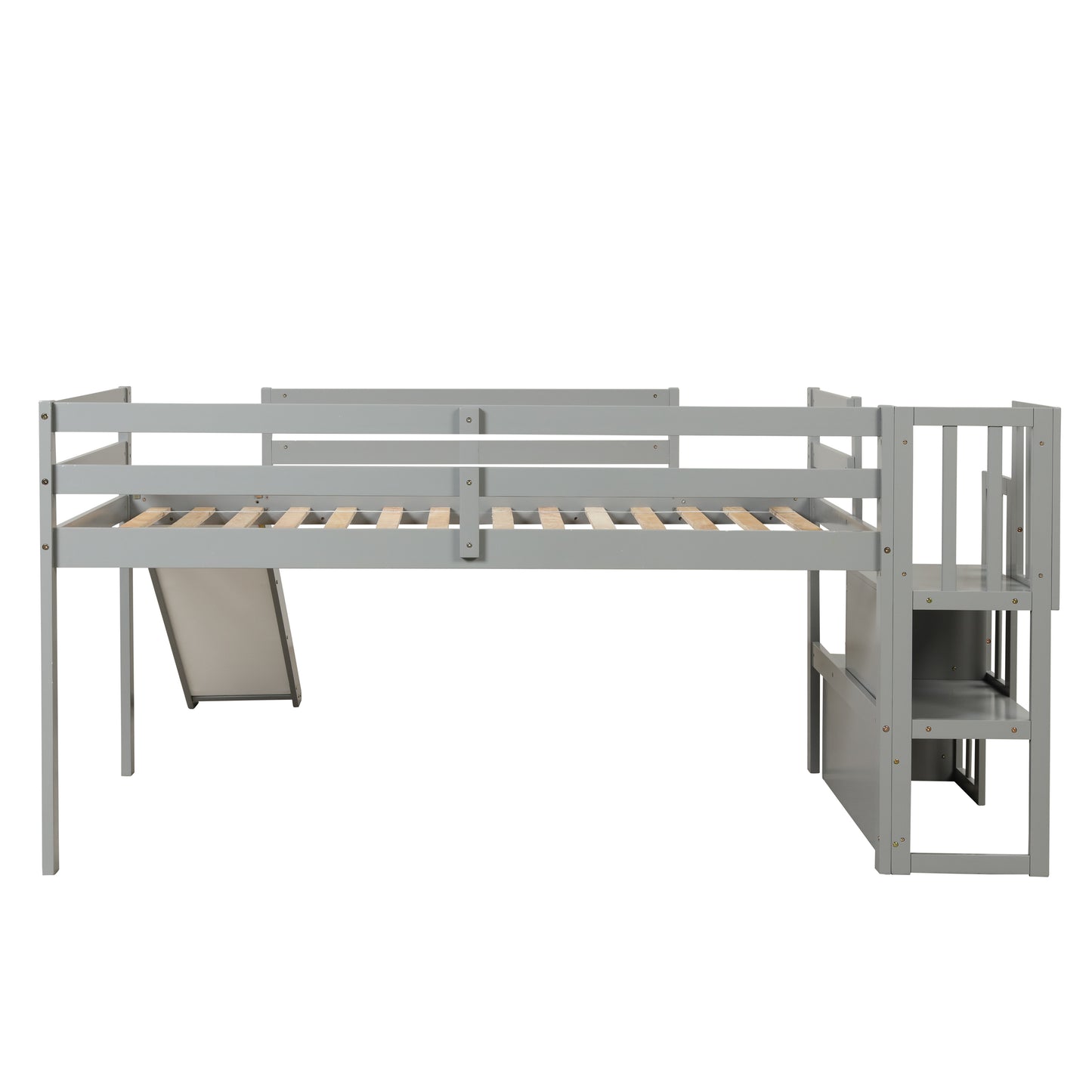 Loft Bed with Staircase, Storage, Slide, Twin size, Full-length Safety Guardrails, No Box Spring Needed, Grey (Old Sku:W504S00005)