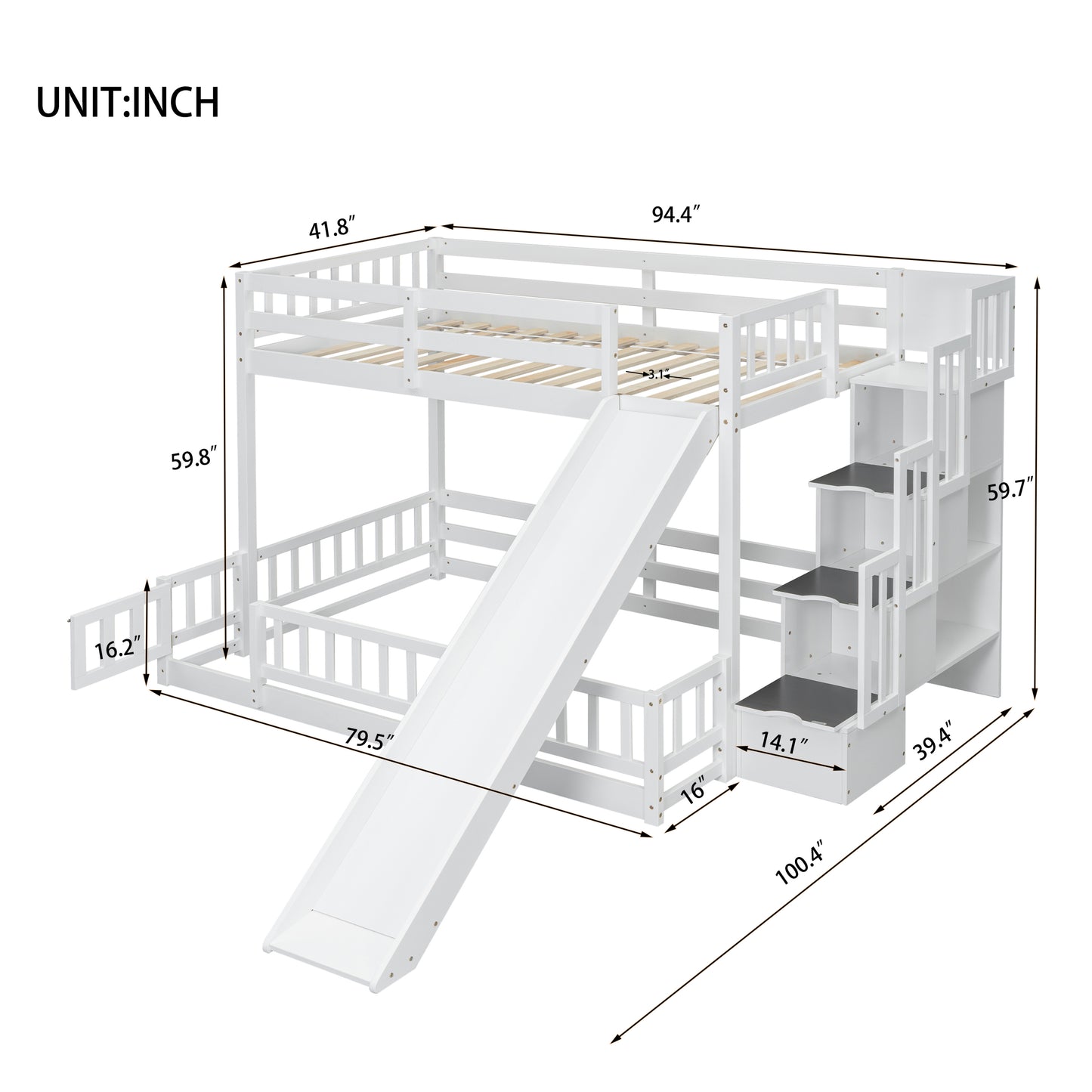 Twin Over Full Bunk Bed with Slide, Storage Staircase, Pine Solid Wooden Bunk Bed with Safety Guardrails,White