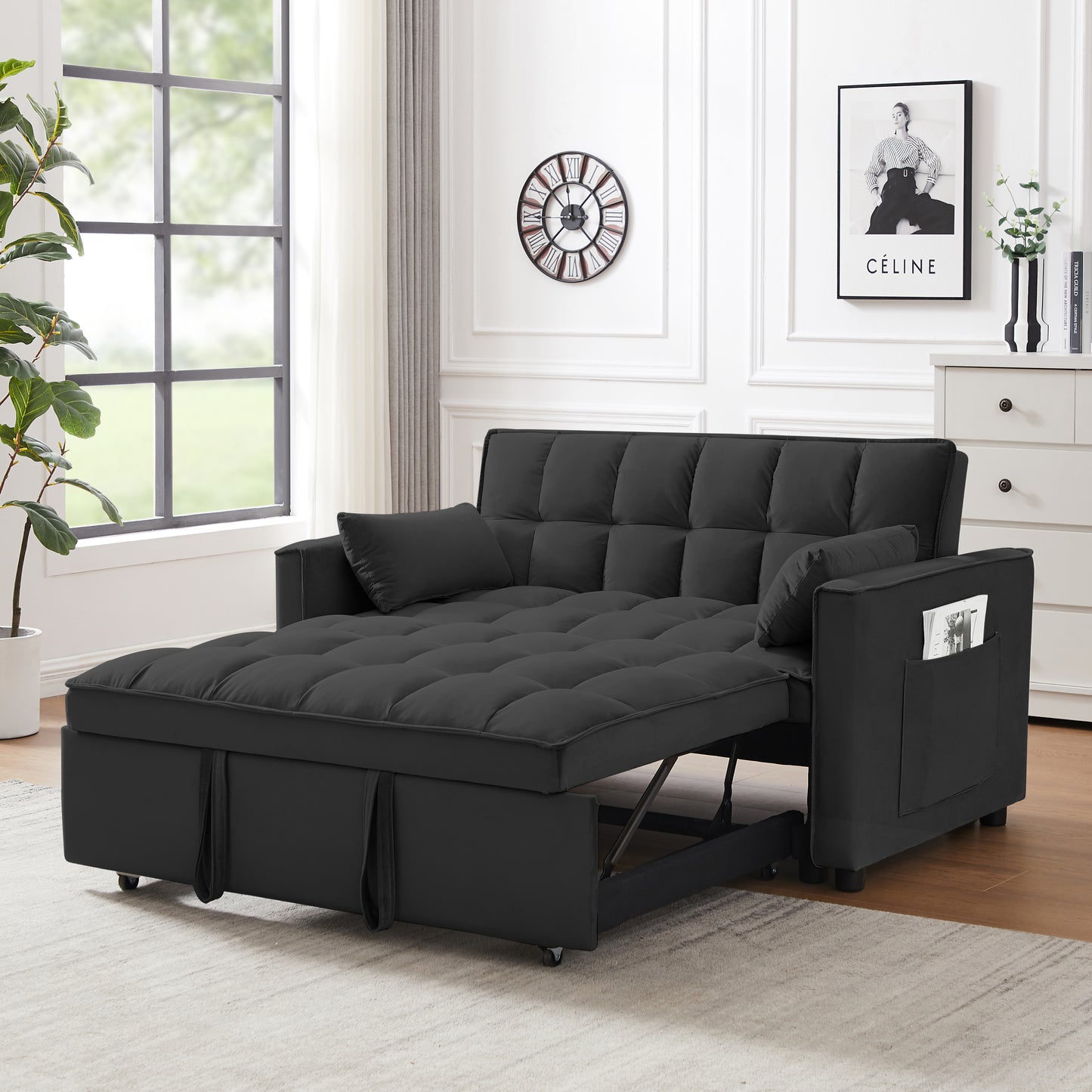 [SantaChoice] Modern Velvet Loveseat Futon Sofa Couch w/Pullout Bed,Small Love Seat Lounge Sofa w/Reclining Backrest,Toss Pillows, Pockets,Furniture for Living Room,3 in 1 Convertible Sleeper Sofa Bed, Black