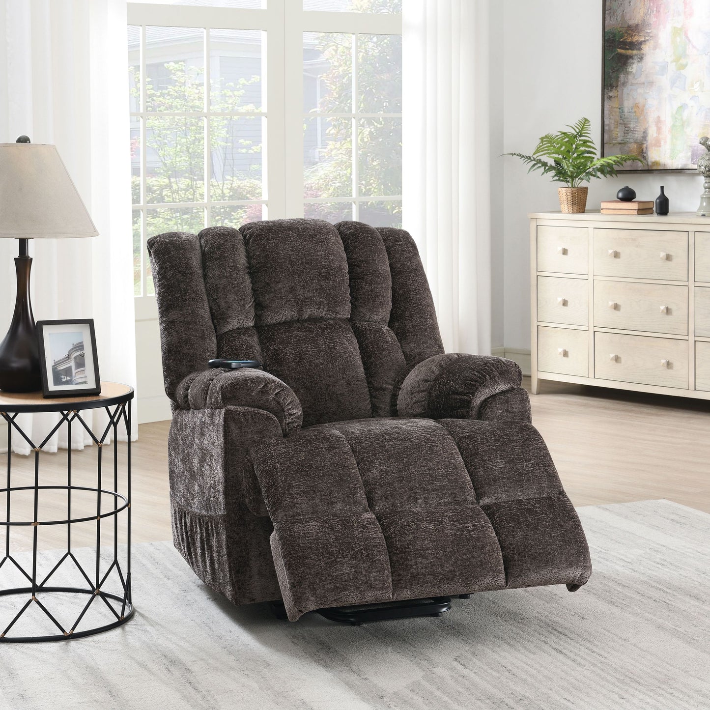 Pacay Brown Chenille Power Motion Recliner with Lift, Heating & Massage Function