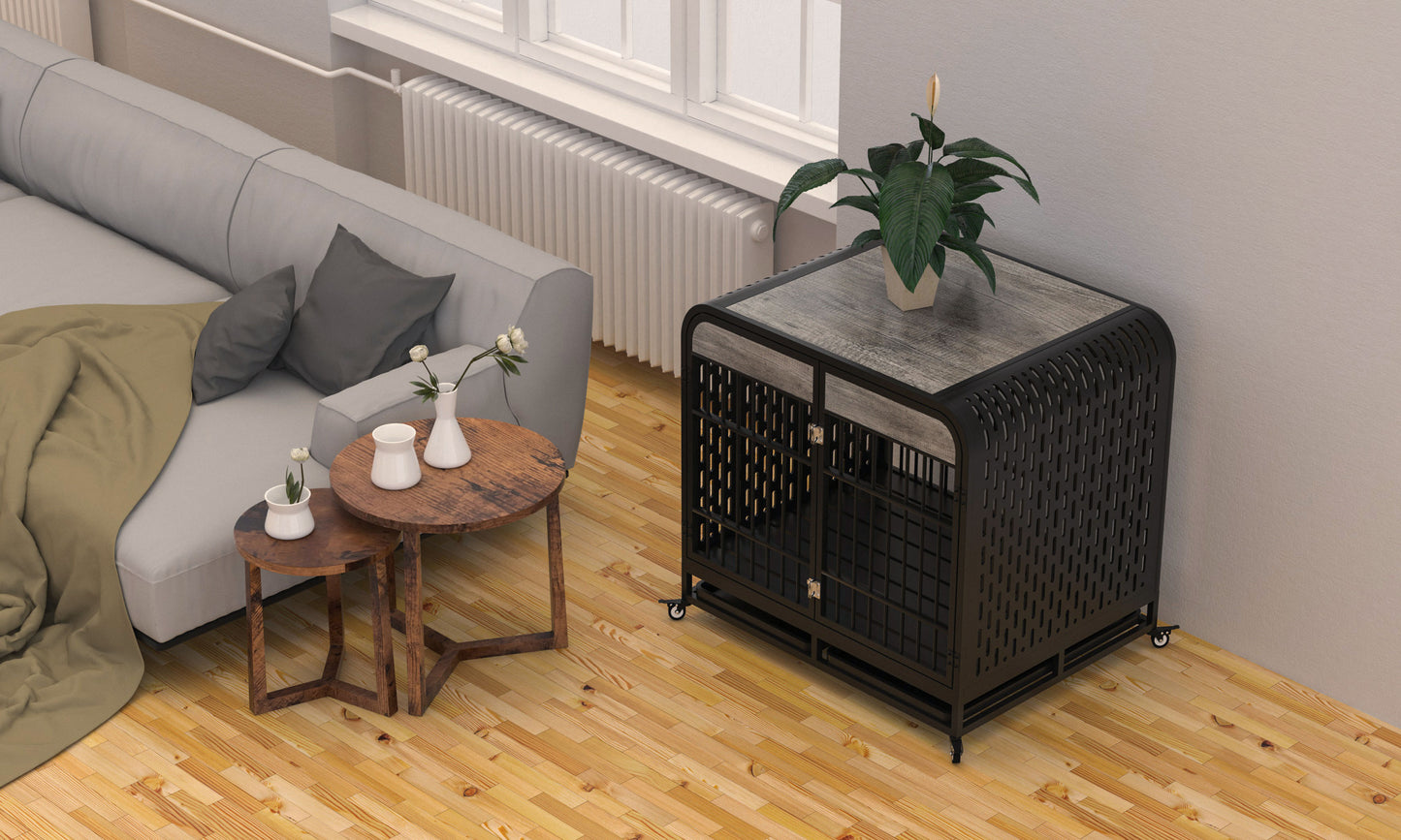 Heavy Duty Dog Crate Furniture Wooden Table Pet Dog Cage Kennel House Indoor Side End Table Decor with Removable Trays and Lockable Wheels for Medium and Large Dogs 42" Grey