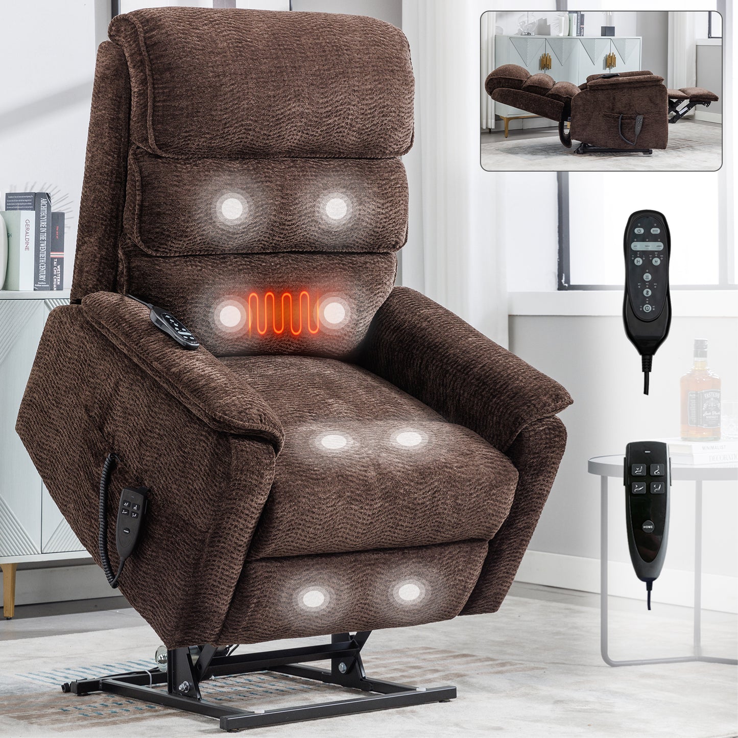 Brown Chenille Dual Motor Infinite Position Up to 350 LBS Power Lift Recliner Chair with Power-Remote, Heat Massage and Heavy Duty Motion Mechanism