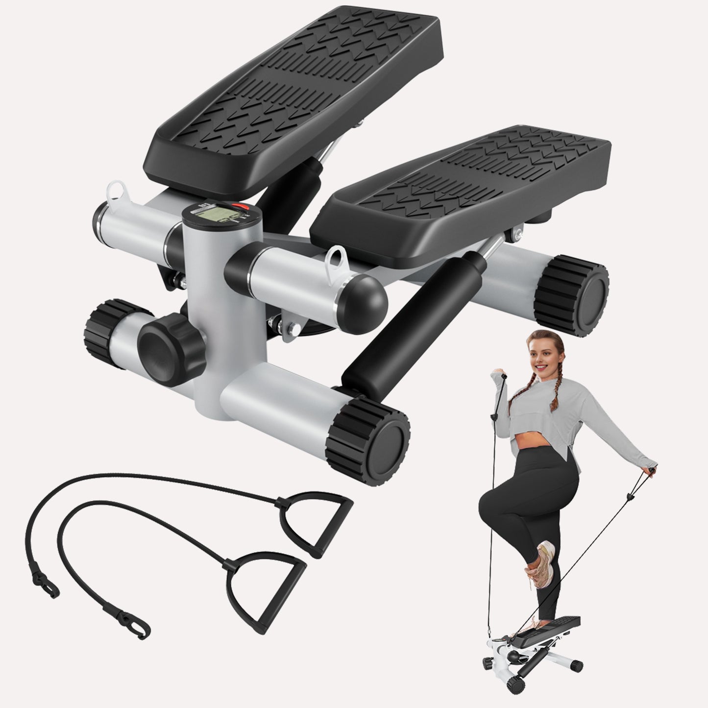 Steppers for Exercise, Stair Stepper with Resistance Bands, Mini Stepper with 330LBS Loading Capacity, Hydraulic Fitness Stepper with LCD Monitor, No Assembly Required