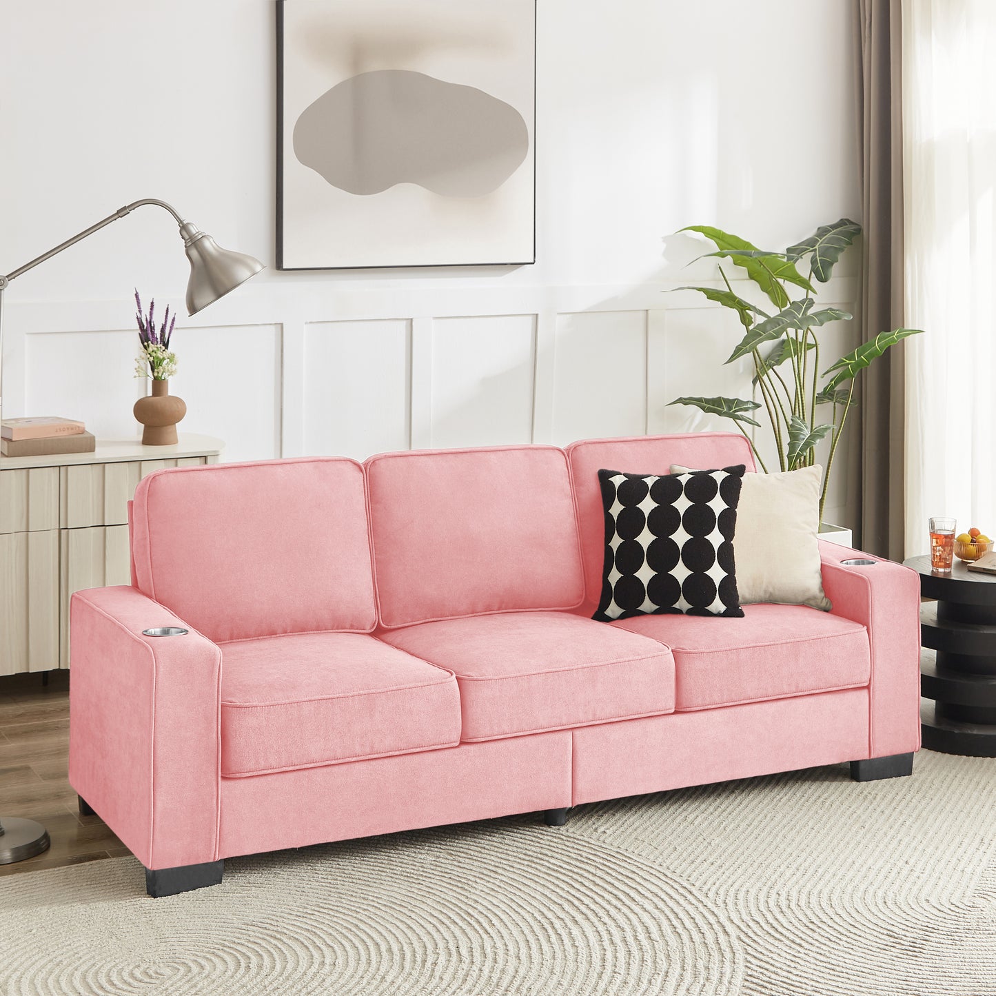 83.86" Snowfleece Fabric sofa,Modern Compressed Couch,3-Seater Sofa, Furniture for Living Room,Bedroom,office ,Pink