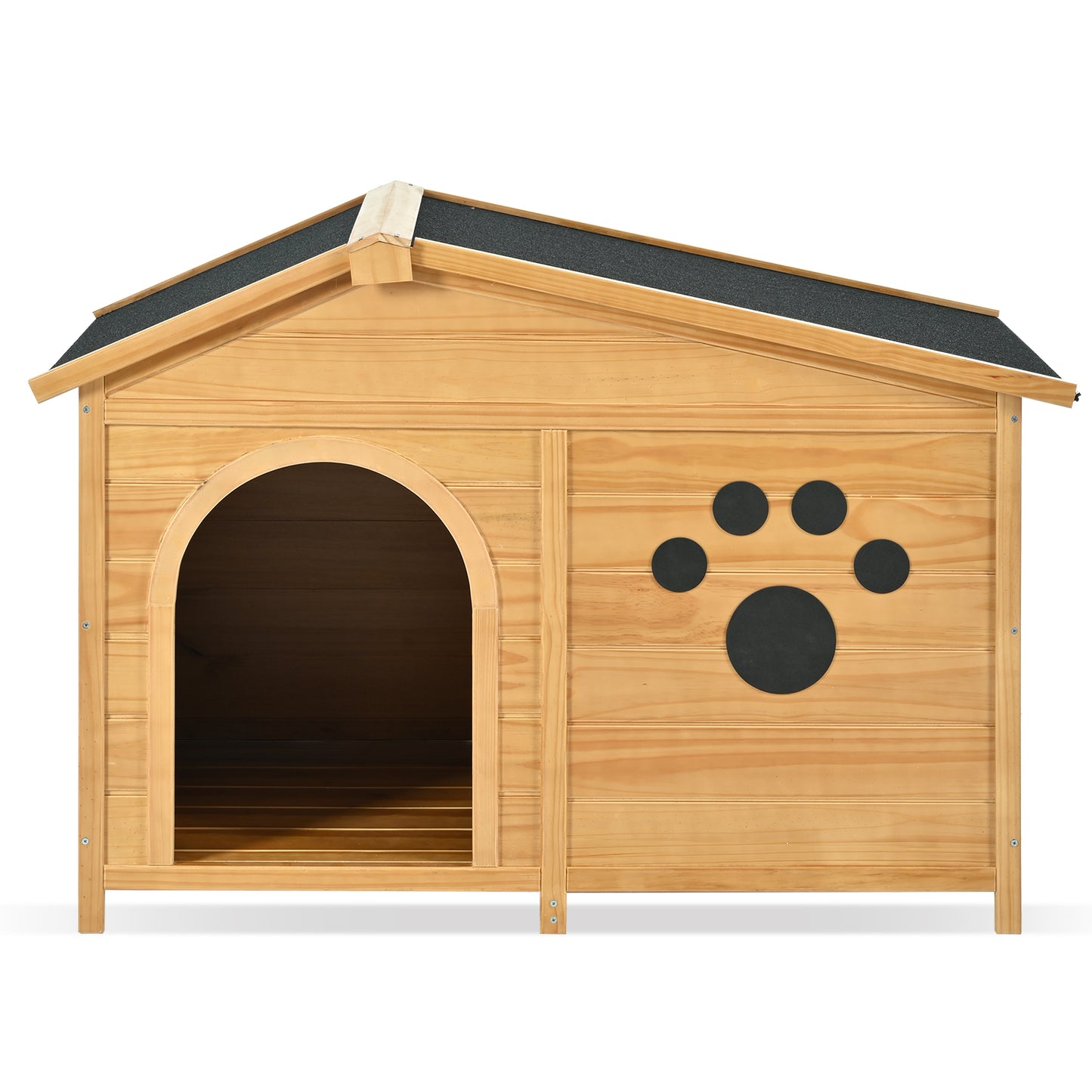 48" Wooden Dog House Outdoor with Porch, Dog Kennel with Water-Resistant Asphalt Roof and Fencing,Indoor & Outdoor Dog Crate with Paw Print, Medium, Nature