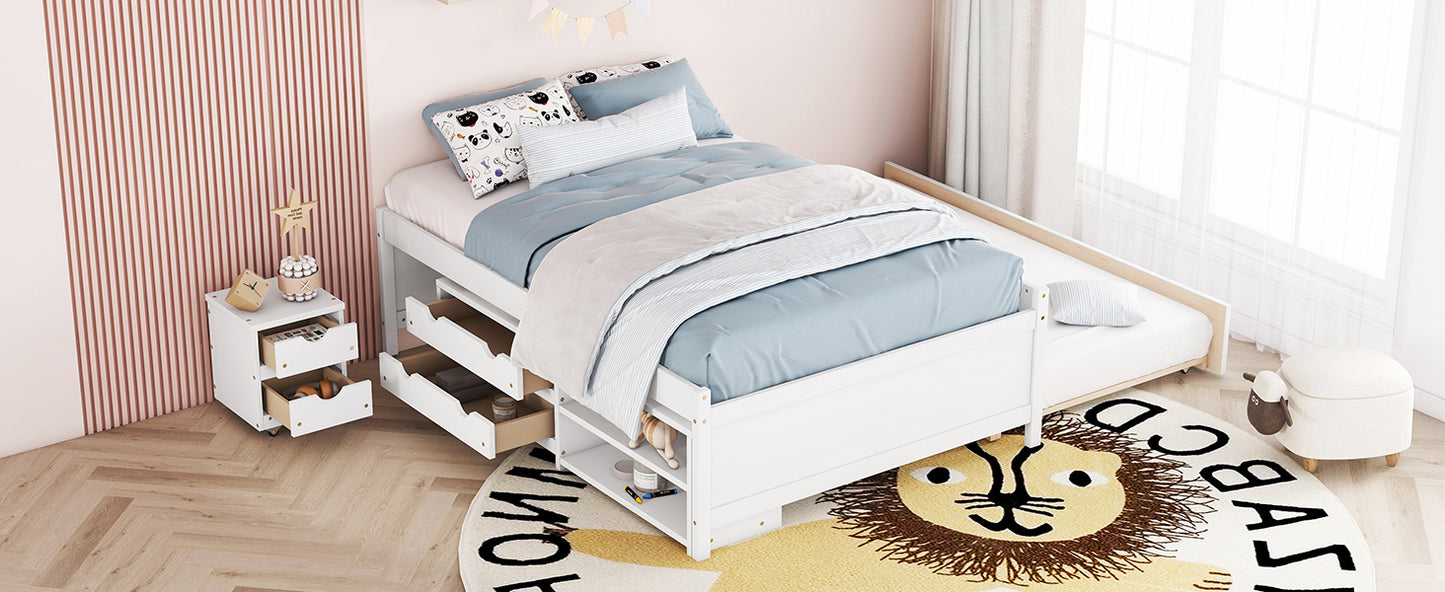 Full Size Storage Bed , Solid Wood Bed with Trundle, Under bed Storage Box of 2 Drawers, Shelves, and Nightstand ,White