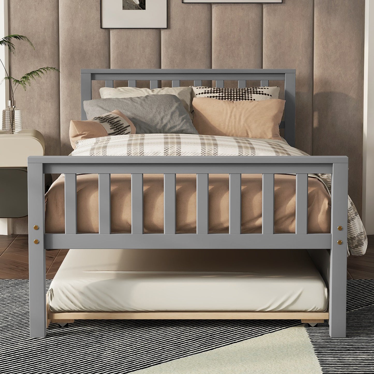 Twin Bed with Trundle, Platform Bed Frame with Headboard and Footboard, for Bedroom Small Living Space,No Box Spring Needed,Grey(Old SKU:W50422210)