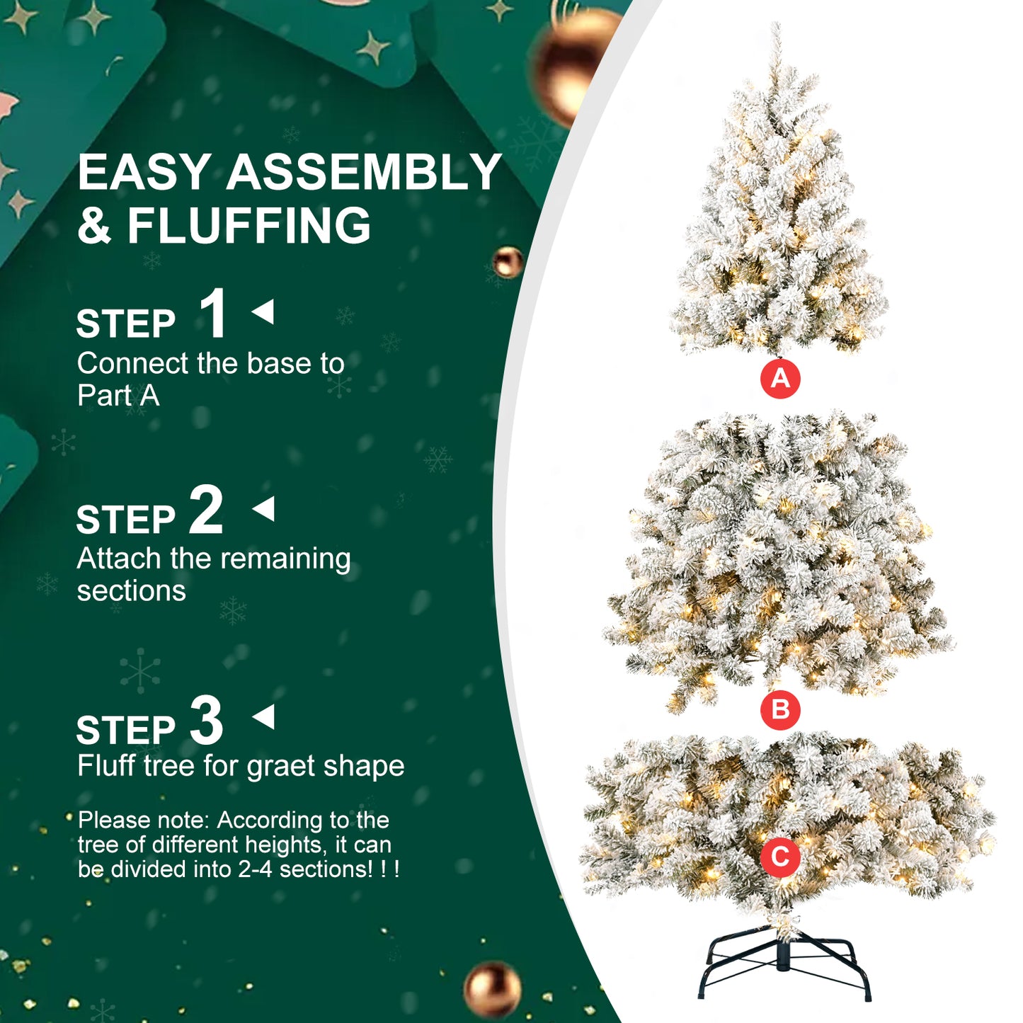 6FT Pre-lit Flocked Christmas Tree with 760 Memory Wire Tips – Effortlessly Fluffed, Perfectly Shaped, and Lit with 300 Warm  Incandescent Lights Bringing Lasting Elegance and Wase to Your Holiday