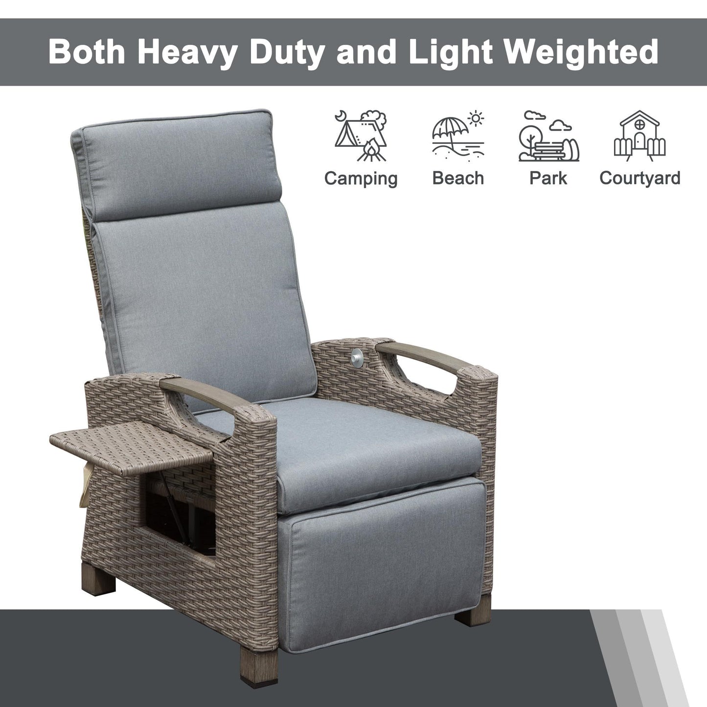 Outdoor Recliner Chair, Patio Recliner with Hand-Woven Wicker, Flip Table Push Back, Adjustable Angle, 6.8'' Thickness Cushions, Reclining Lounge Chair for Indoor and Outdoor, Gray