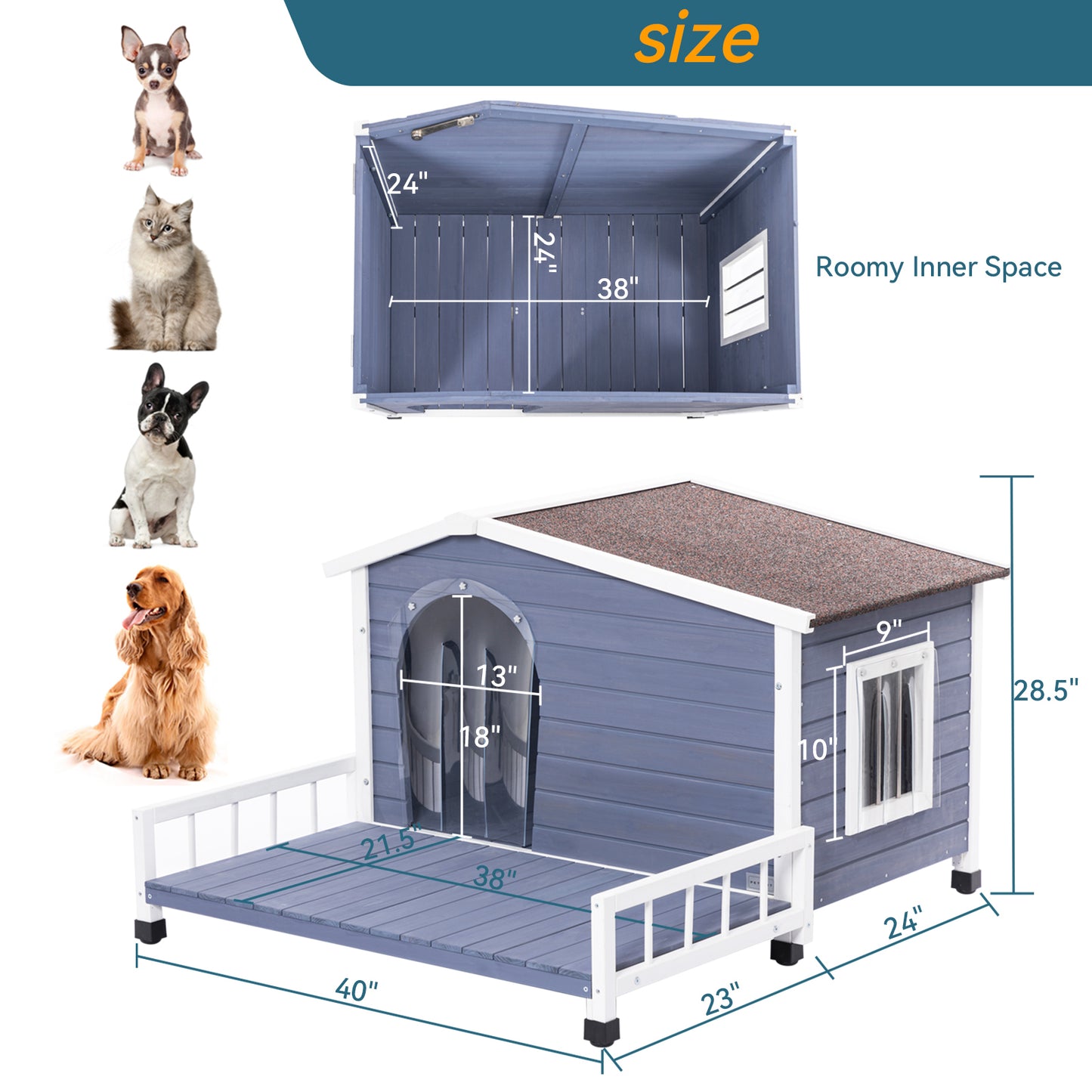 Large Wooden Dog House Indoor Outdoor with Terrace and Open Waterproof Asphalt Roof, Outdoor Dog House with Raised Floor, Windows and Door Curtains, Suitable for Small  and Medium Dogs