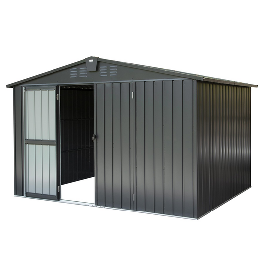 Outdoor Storage Shed 10'x 8', Metal Garden Shed for Bike, Trash Can, Tools, Galvanized Steel Outdoor Storage Cabinet with Lockable Door for Backyard, Patio, Lawn (10x8ft, Dark Gray)