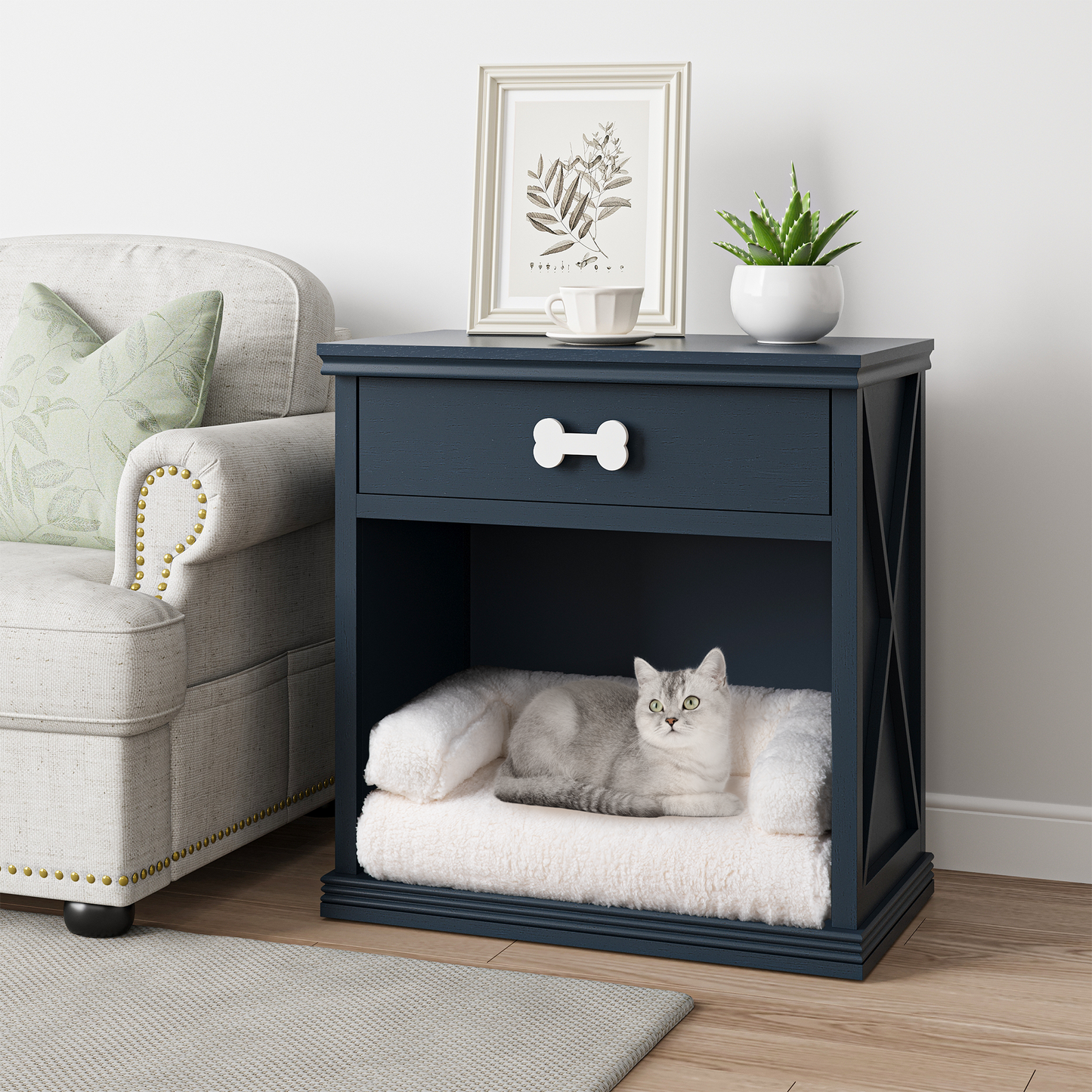 Vintage Small Storage Cabinet with Led Light and Pet Bed, Hidden Cat Litter Box with Drawer and Semi-Open Space